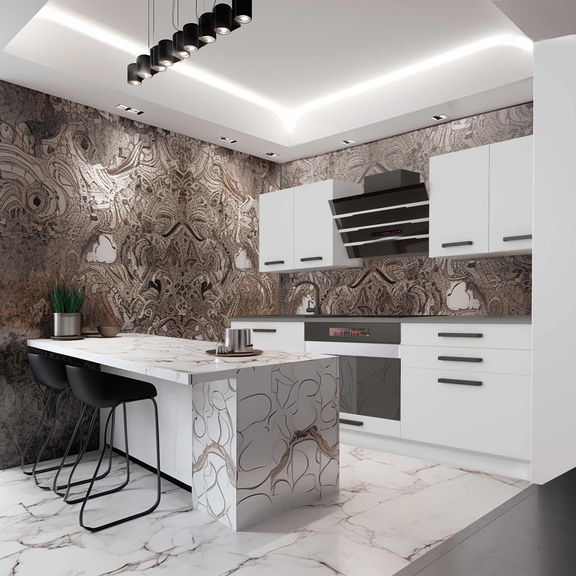 Immagine di una cucina moderna con isola e dettagli eleganti