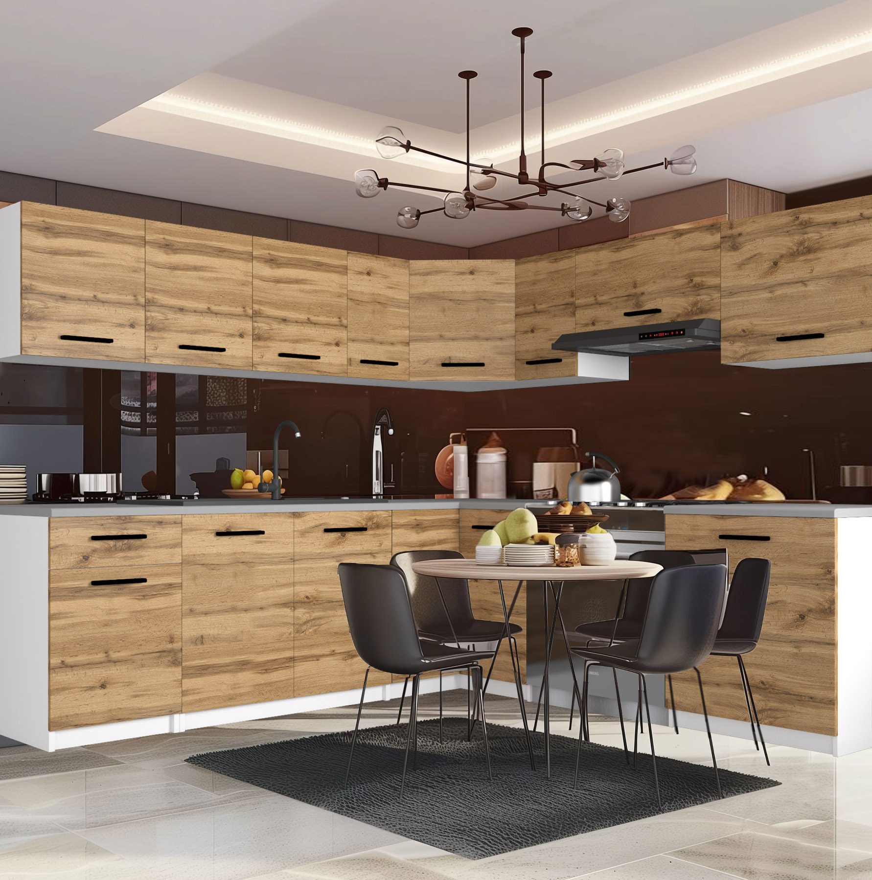 Cucina rustica con pensili in legno e dettagli moderni