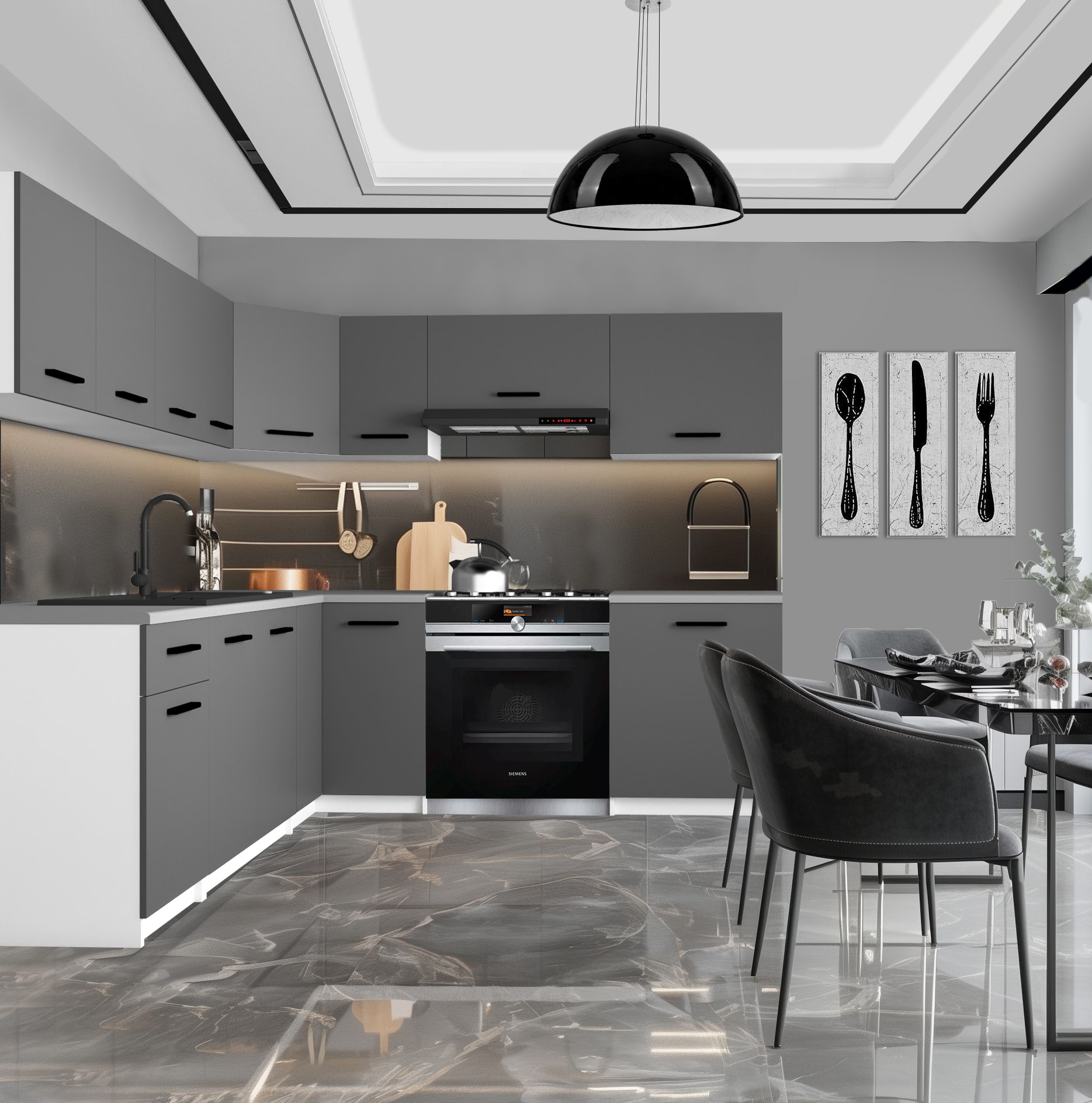 Cucina con mobili grigi e accessori moderni