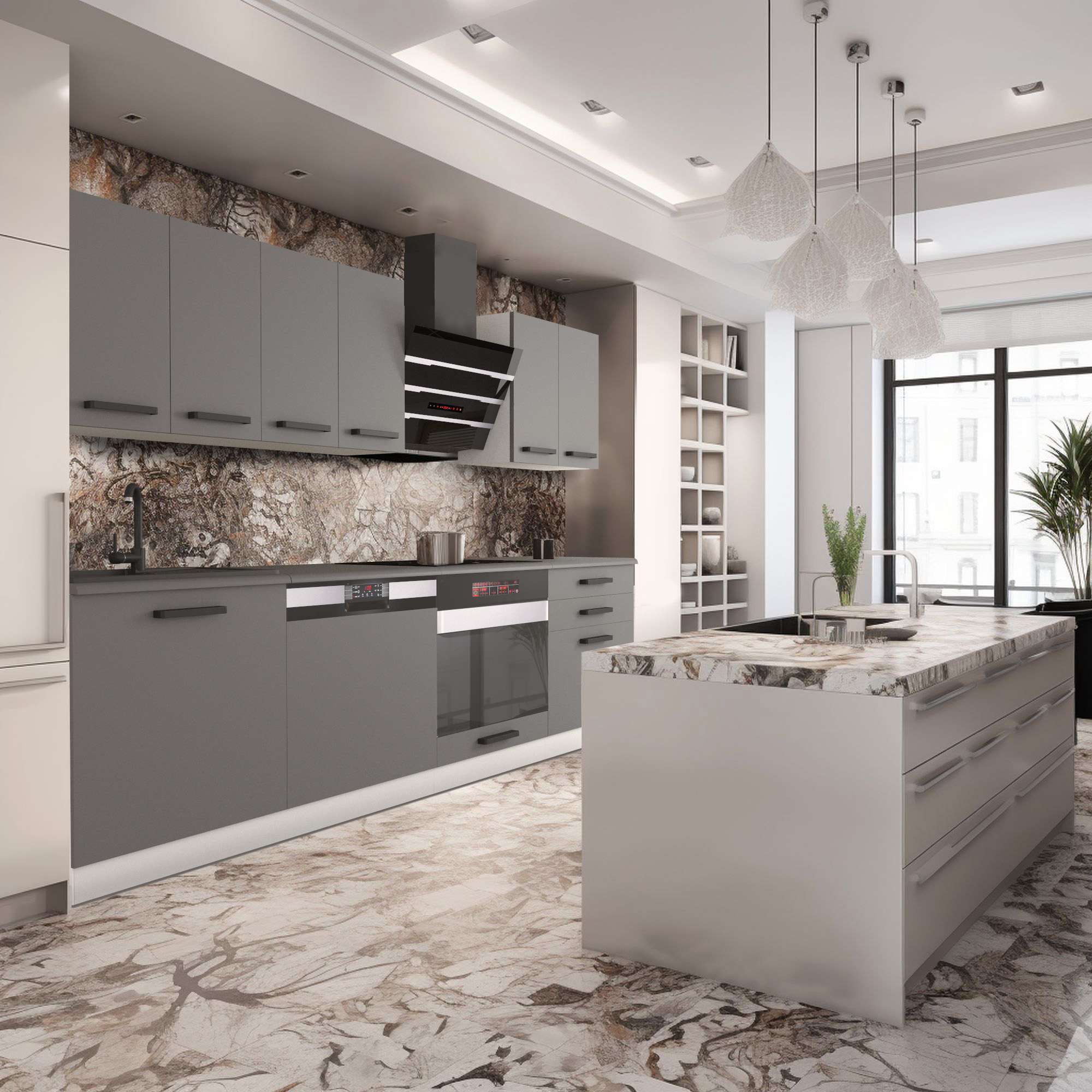 }} text{{Cucina moderna con isola in marmo e pensili grigi}} \ text{{