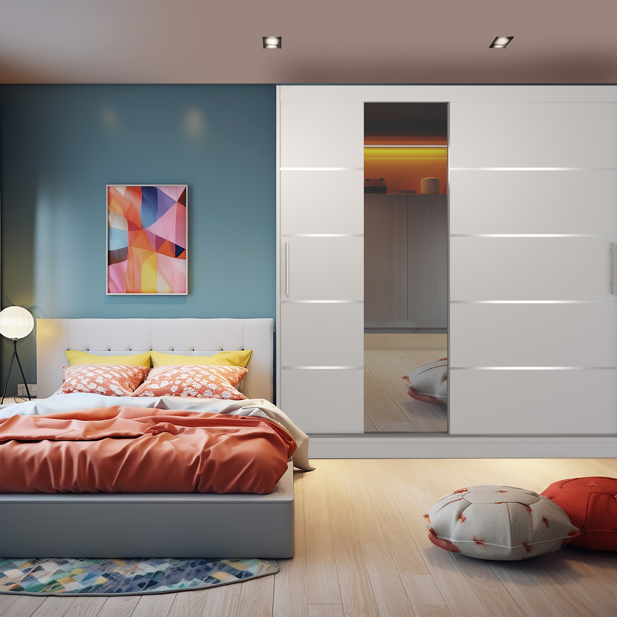 camera da letto moderna con colori vivaci e armadio bianco