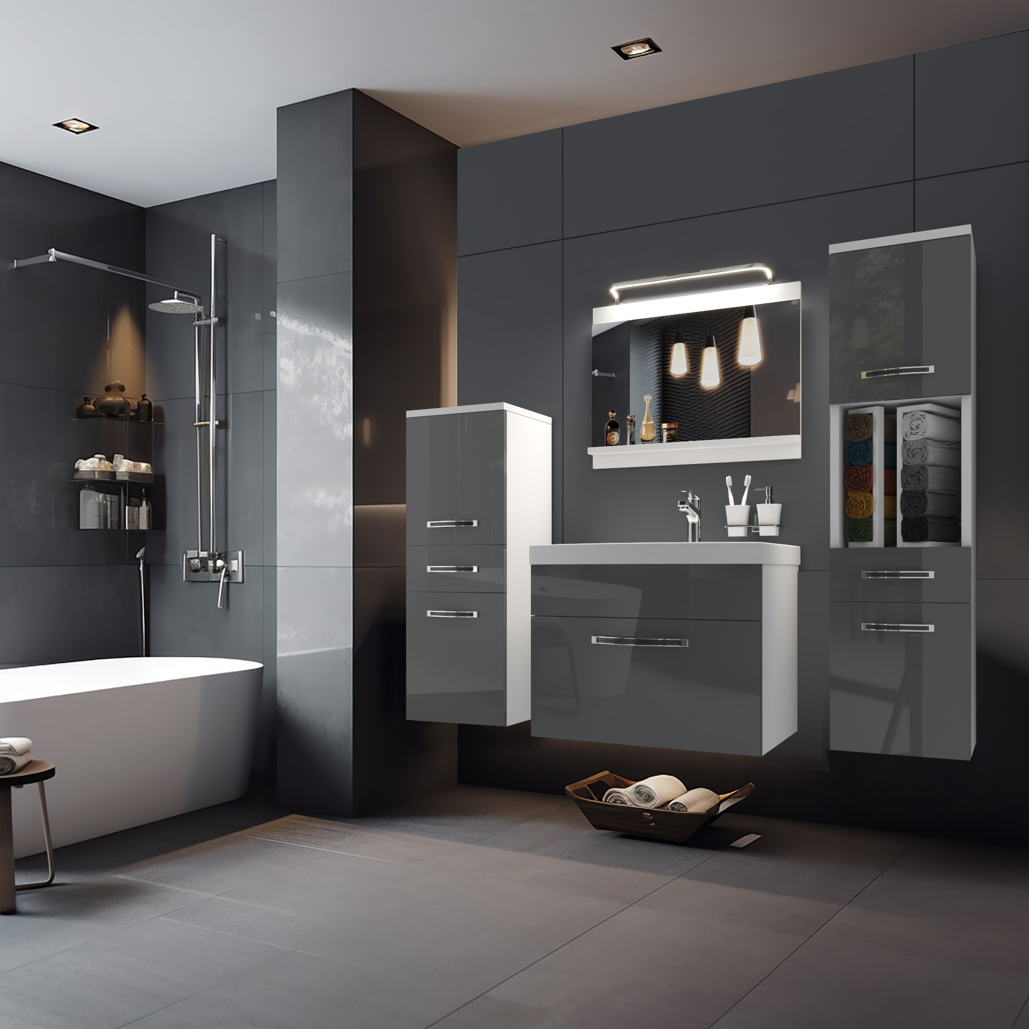 Bagno grigio con mobili funzionali e vasca