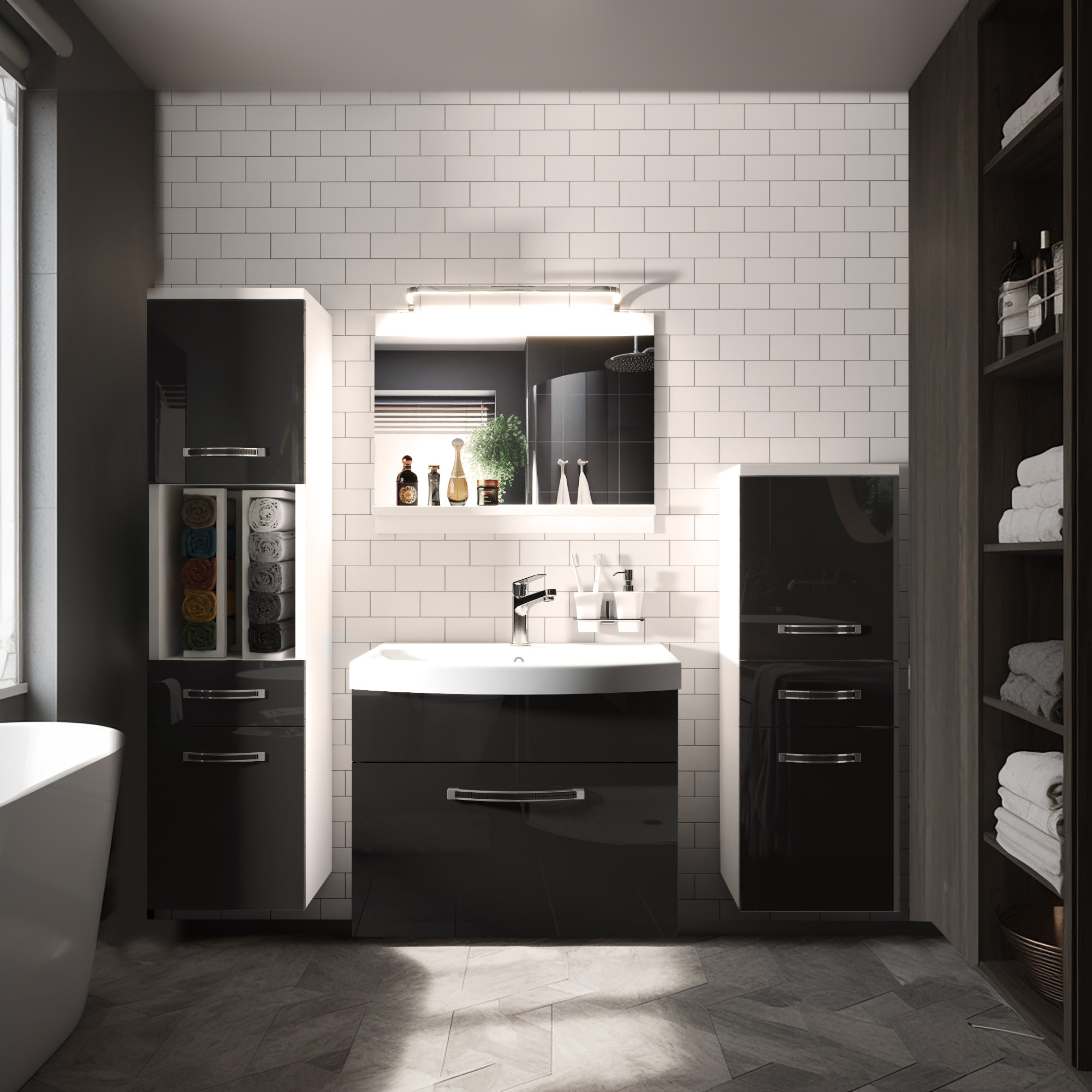 Bagno con piastrelle bianche e mobili neri lucidi
