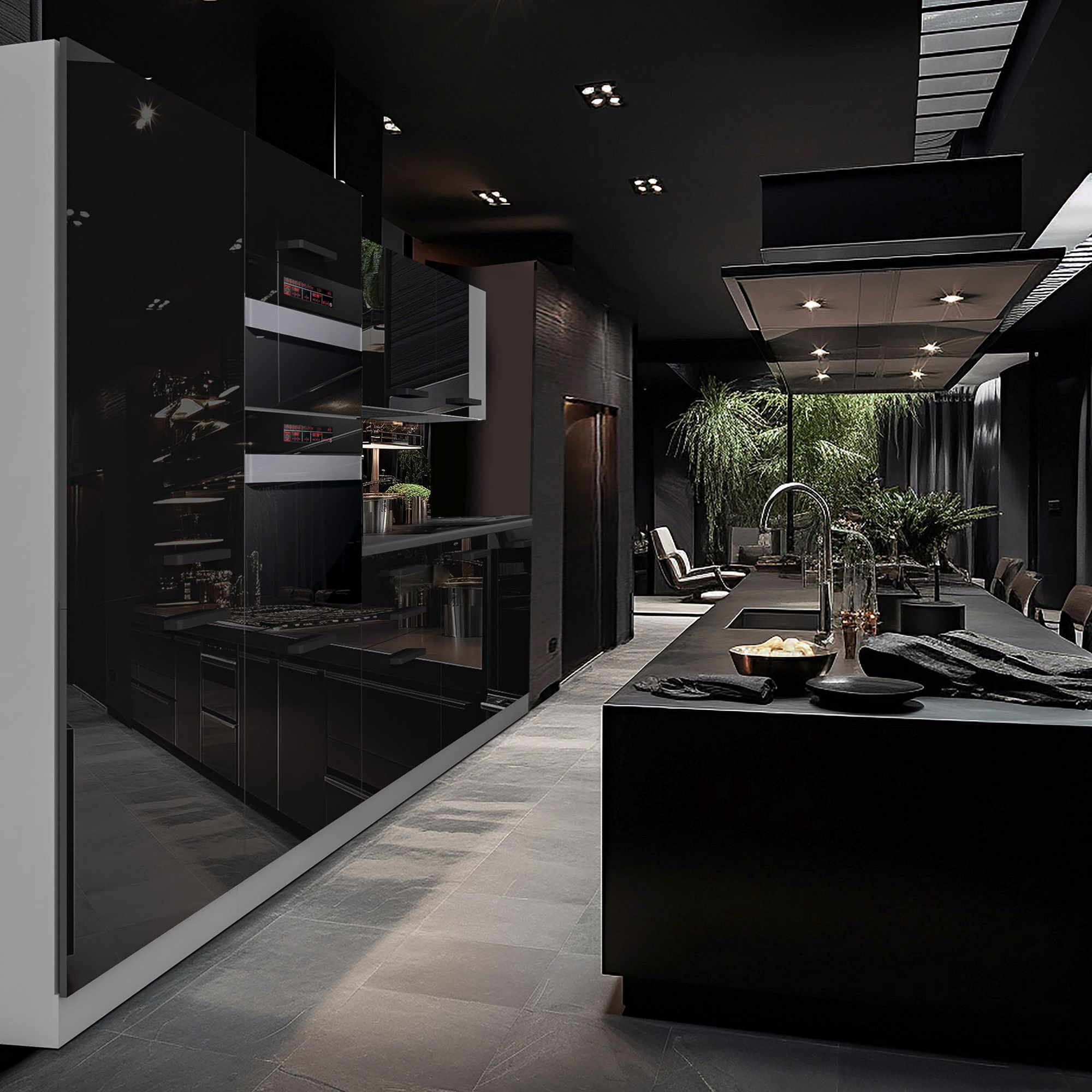 Cucina con superfici lucide e isola centrale