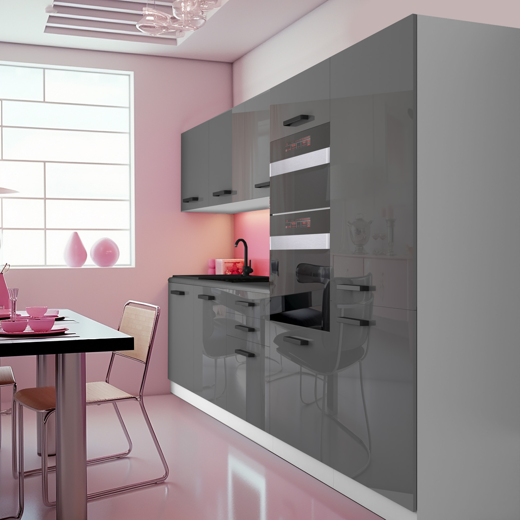 Cucina moderna con dettagli in rosa e riflessi grigi