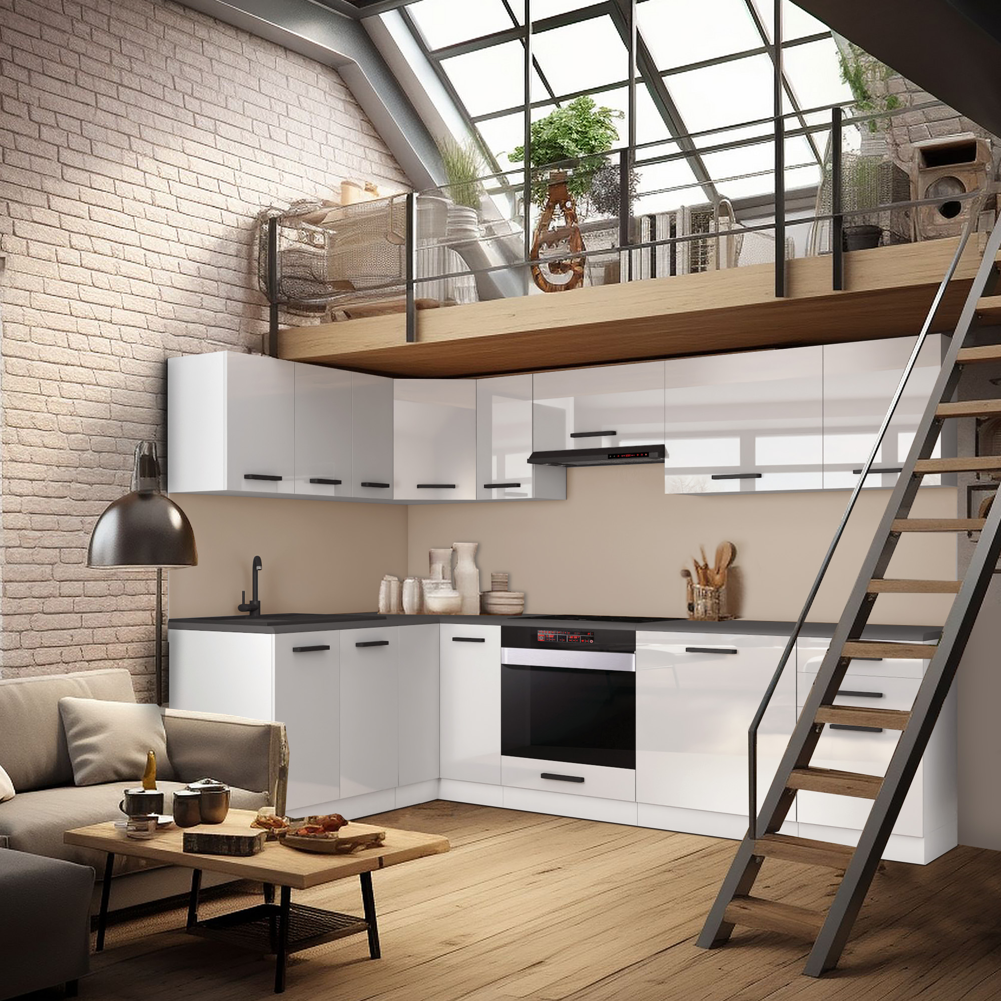 Cucina moderna con soppalco e grandi finestre