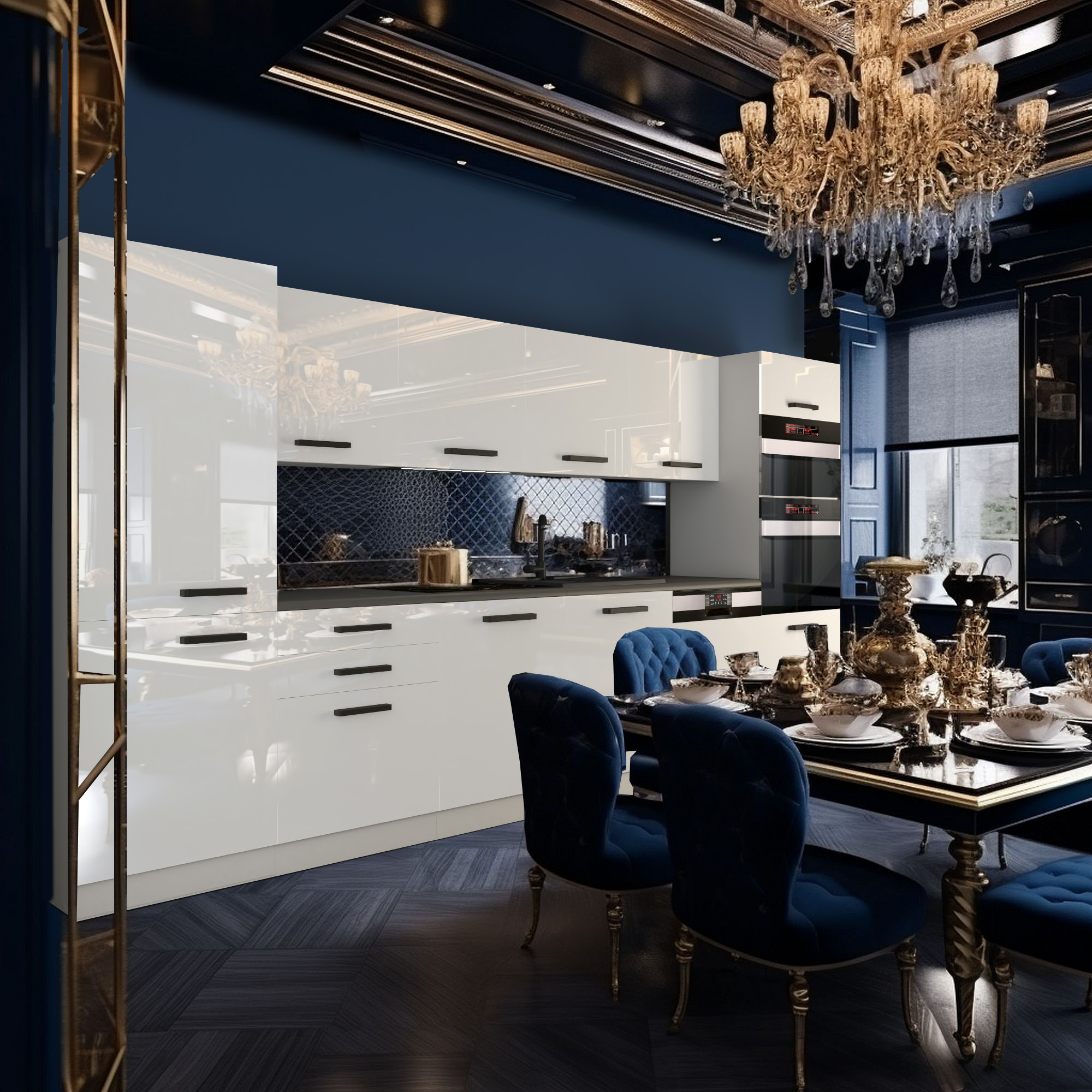 Cucina con dettagli dorati e sedie blu