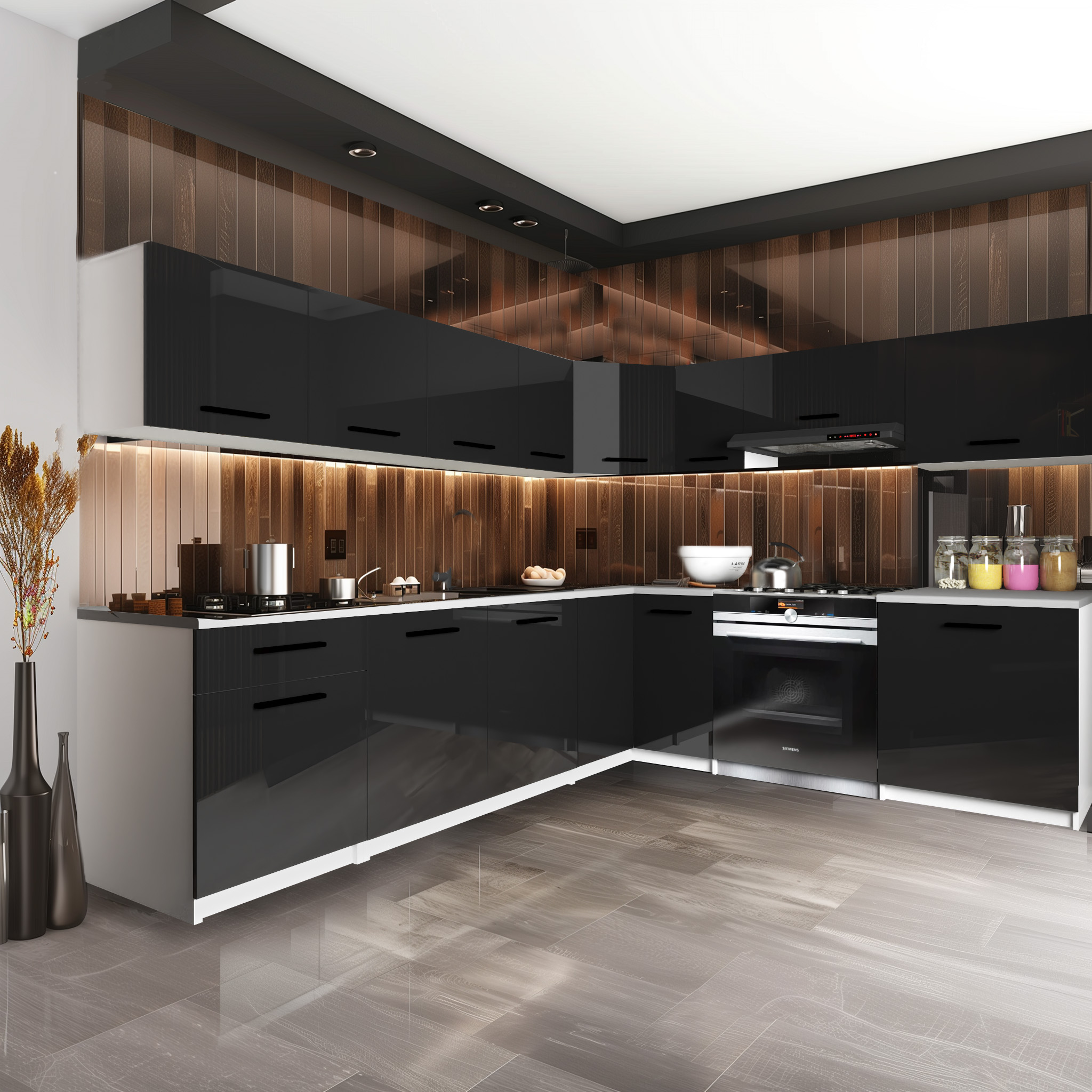Arredamento cucina con armadietti scuri e dettagli in legno