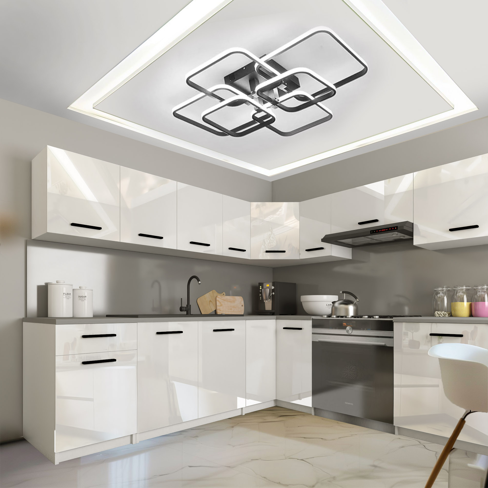 Cucina bianca con dettagli neri