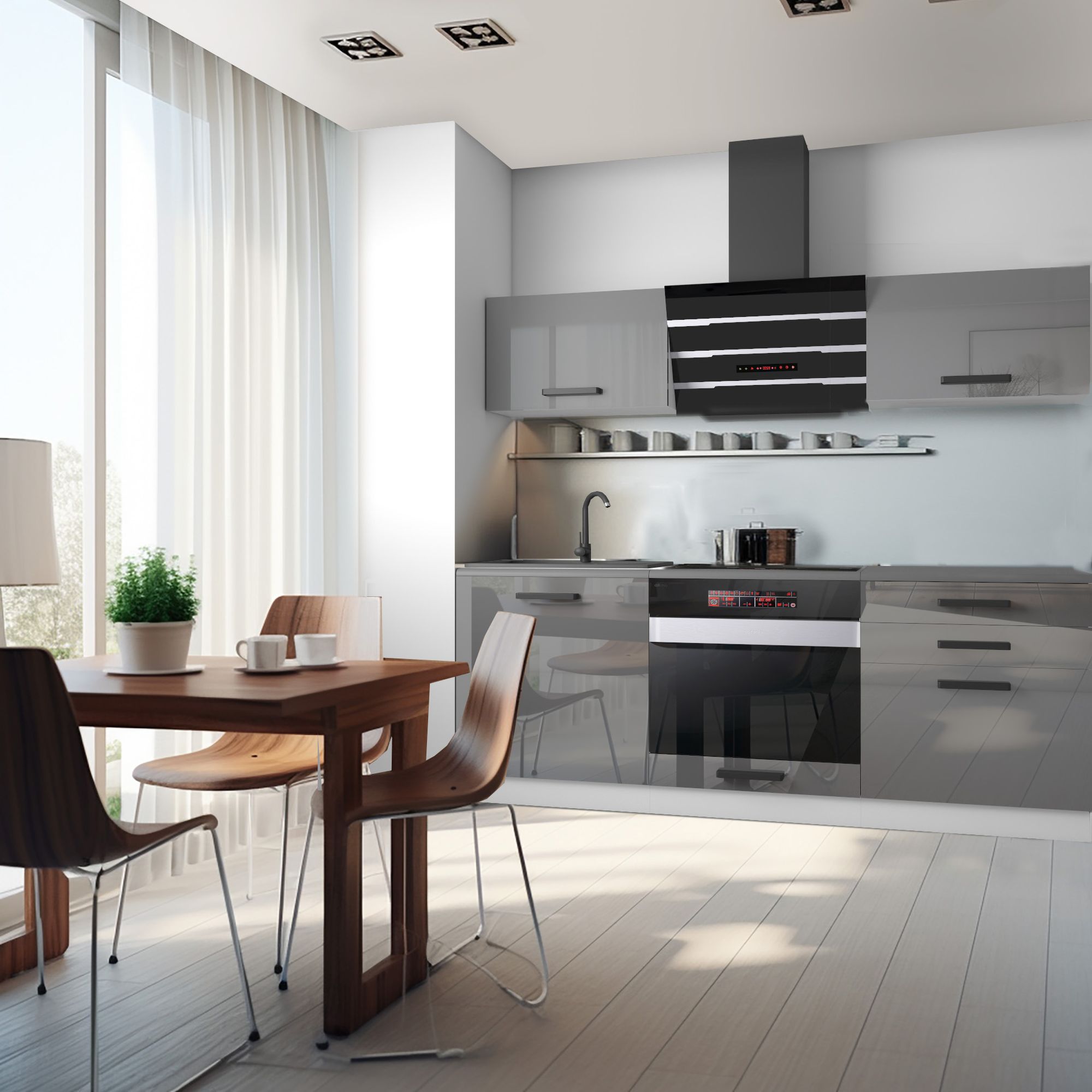 Cucina moderna con mobili lucidi e tavolo in legno