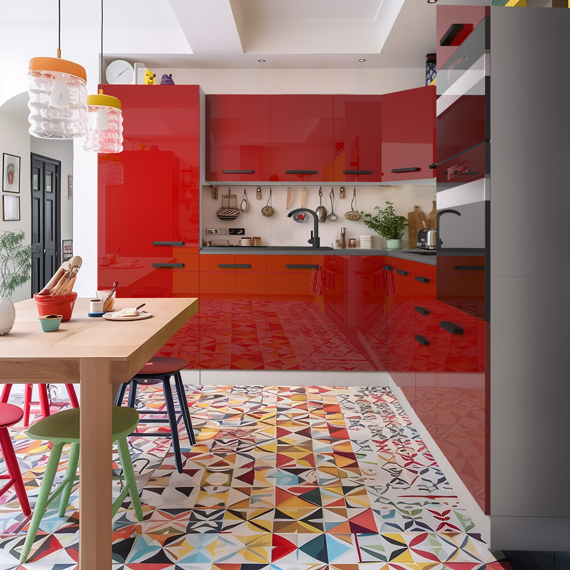 Cucina con mobili rossi lucidi e pavimento colorato