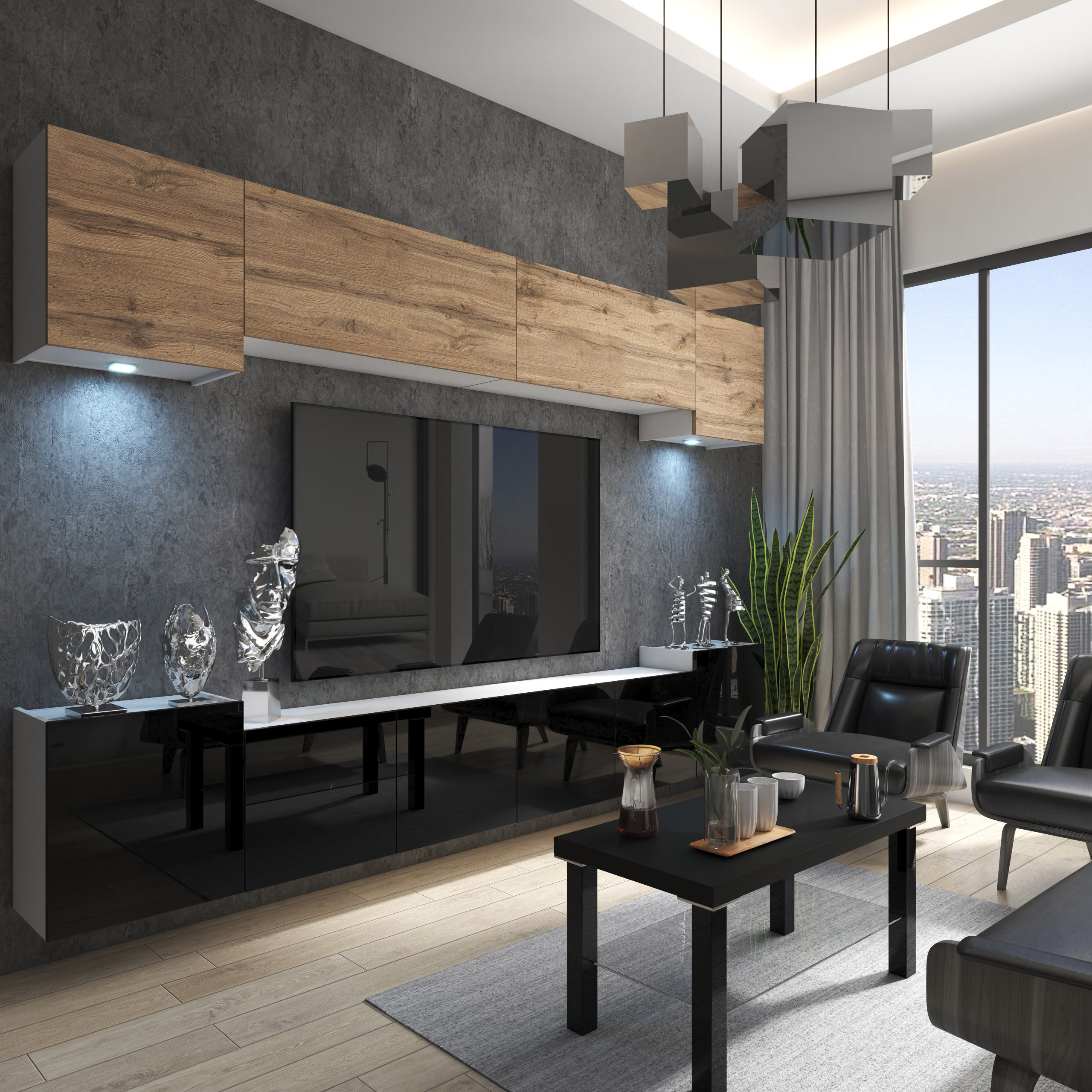 Arredamento elegante in un salotto moderno con vista