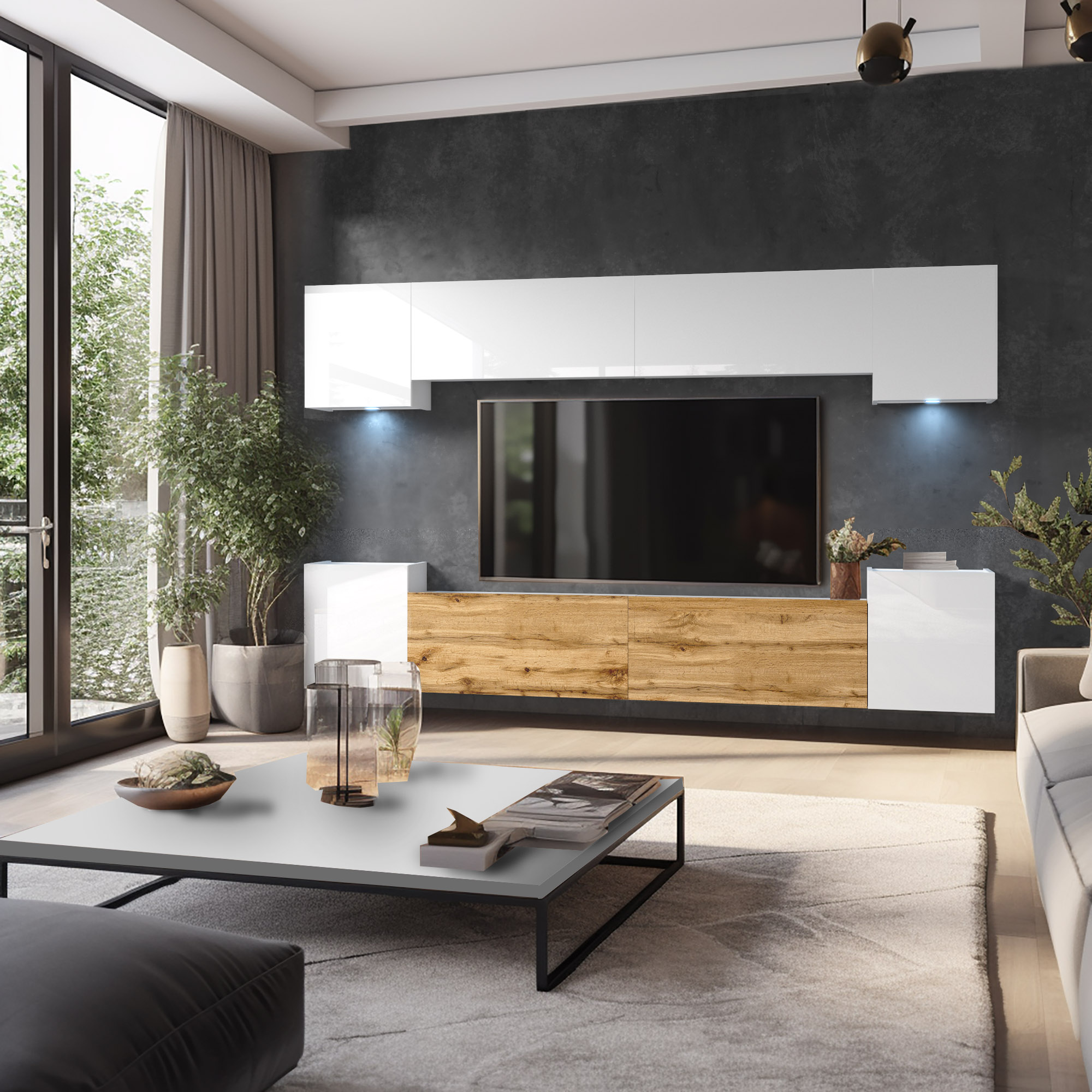 Arredamento salotto con parete attrezzata e tavolino
