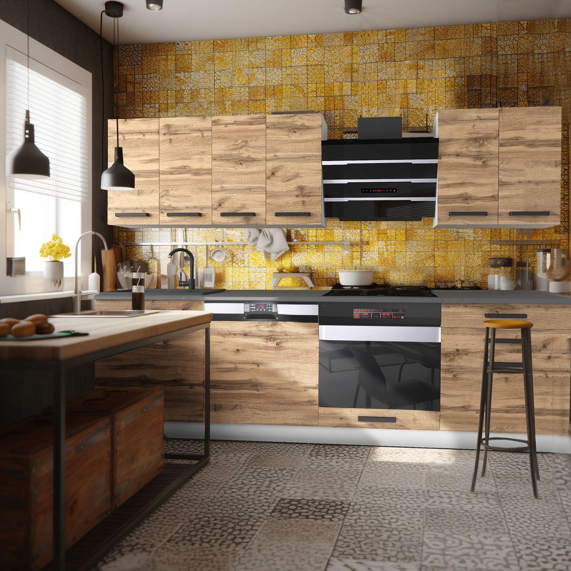 Cucina con mobili in legno e piastrelle dorate