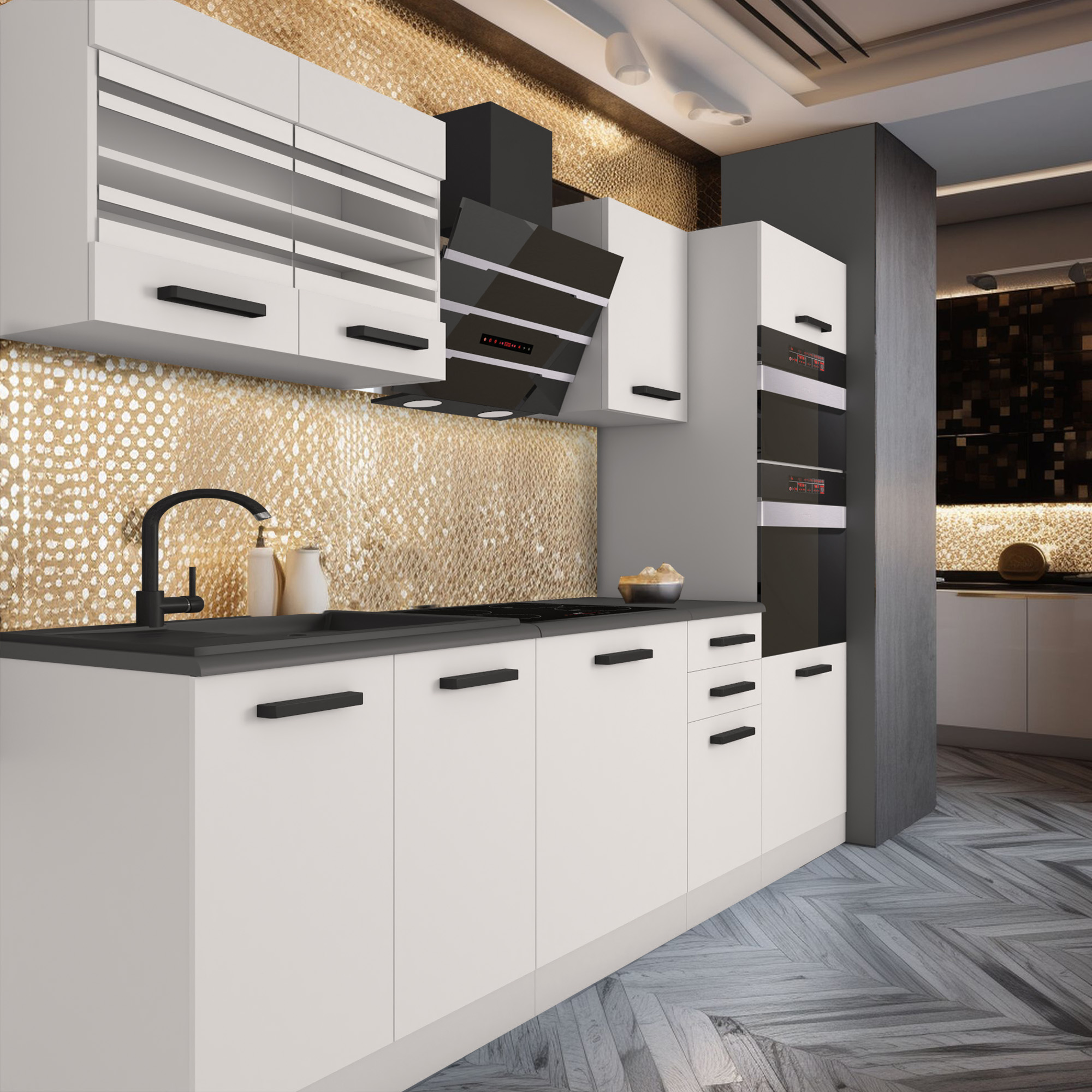Cucina con mobili bianchi e pareti scintillanti