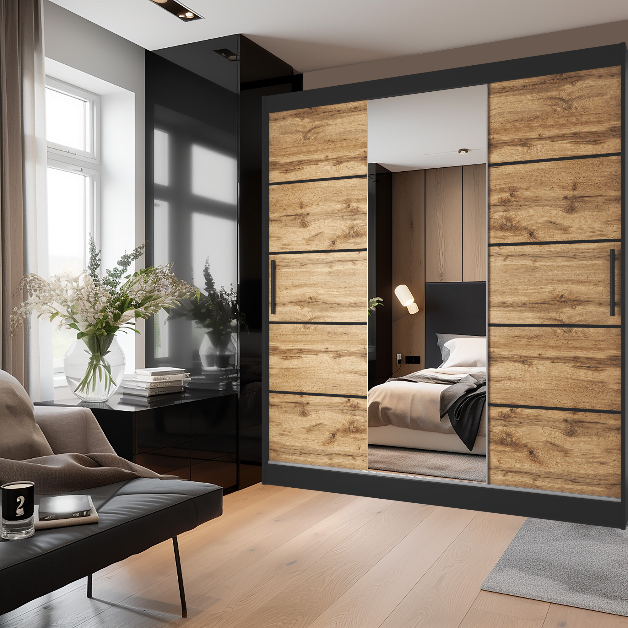 Camera da letto con armadio a specchio e sedia accogliente
