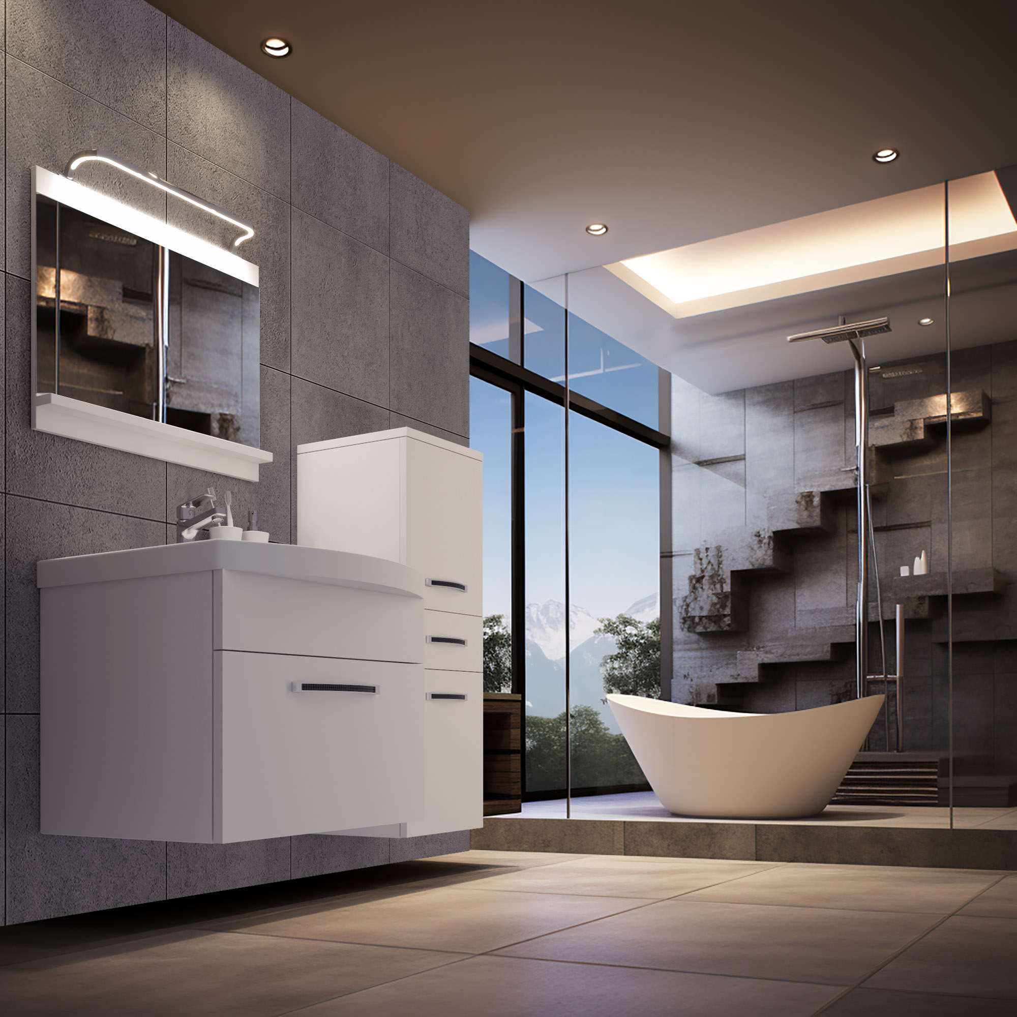 Bagno minimalista con vista e vasca freestanding