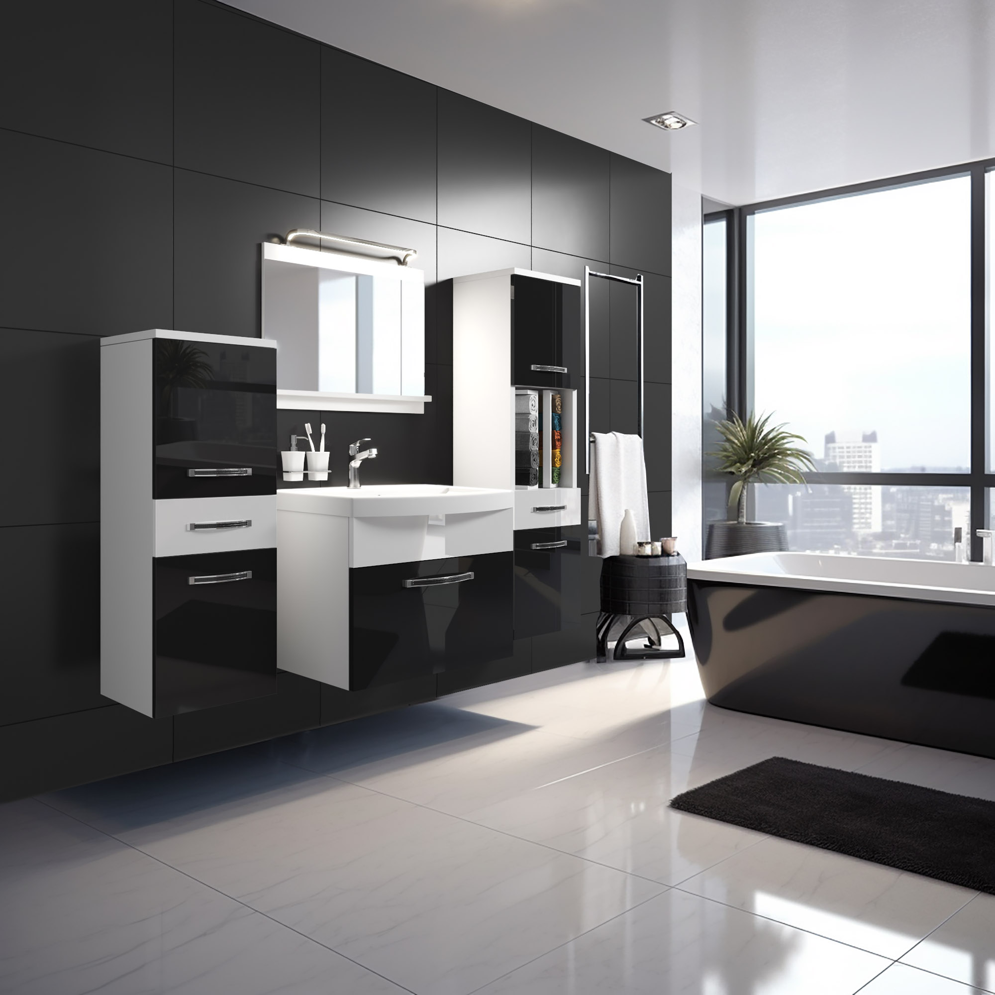 Bagno elegante con mobili lucidi e finestre grandi
