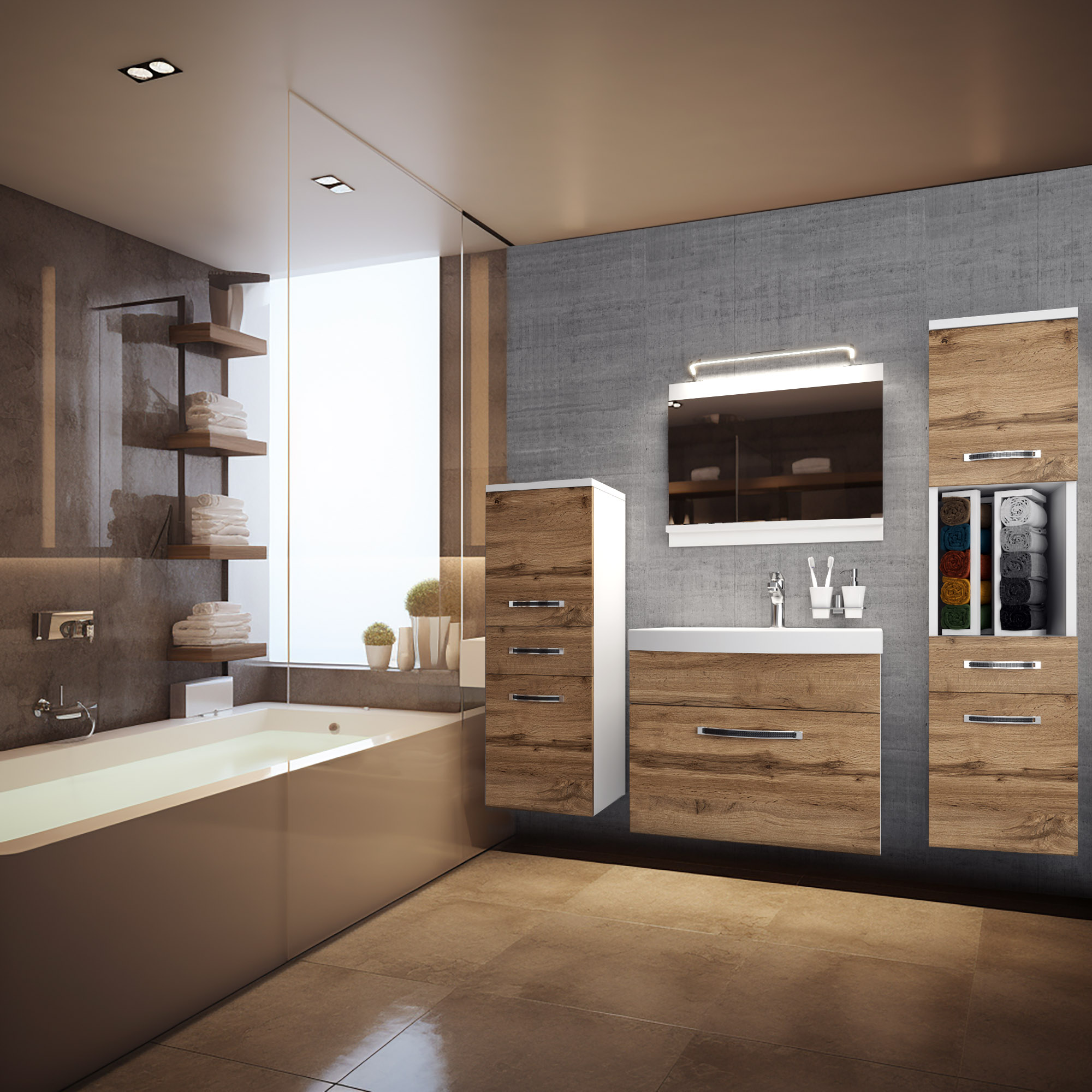 Bagno con armadi in legno e vasca moderna