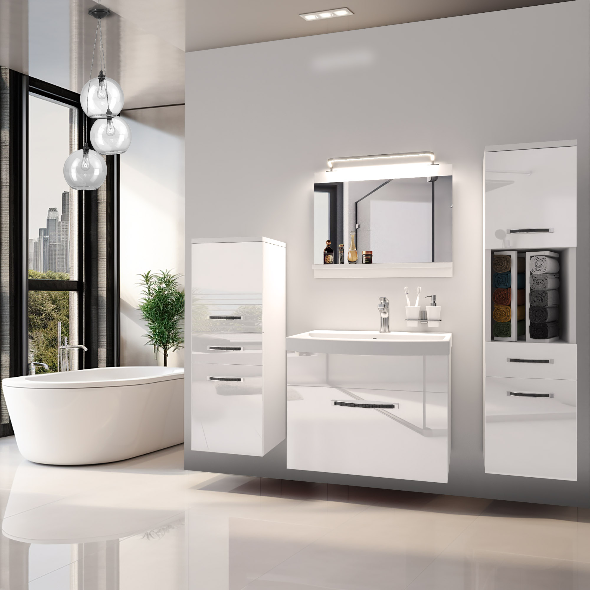 Bagno con mobili bianchi lucidi