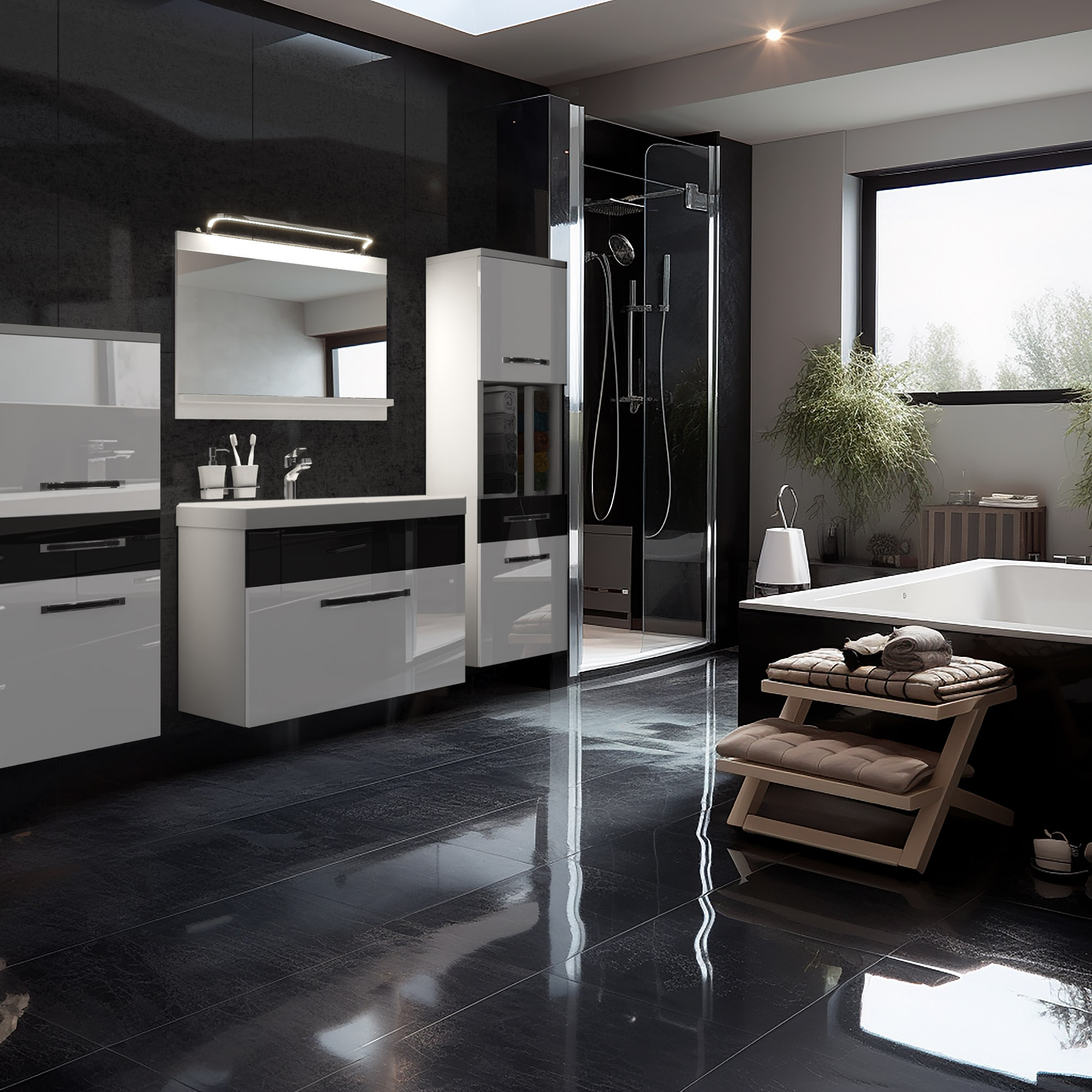 Bagno moderno con doccia vetro e vasca.