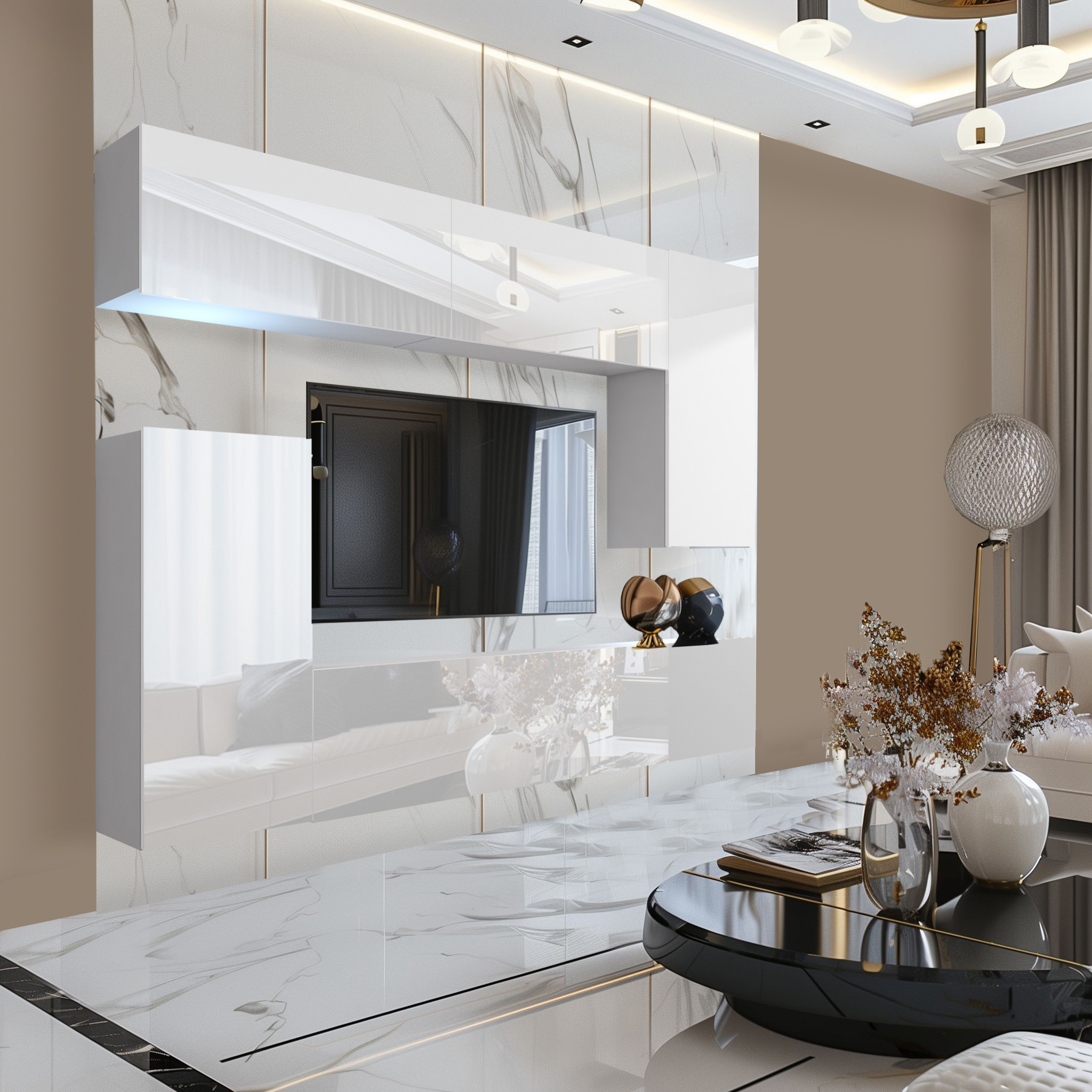 Salotto elegante con pannelli di marmo e decorazioni moderne