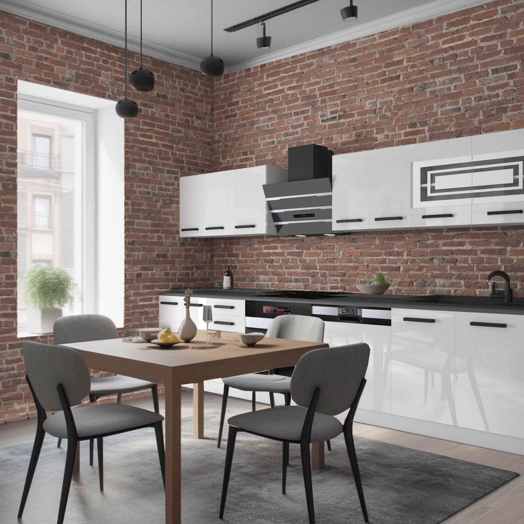 Cucina con pareti in mattoni e arredamento moderno