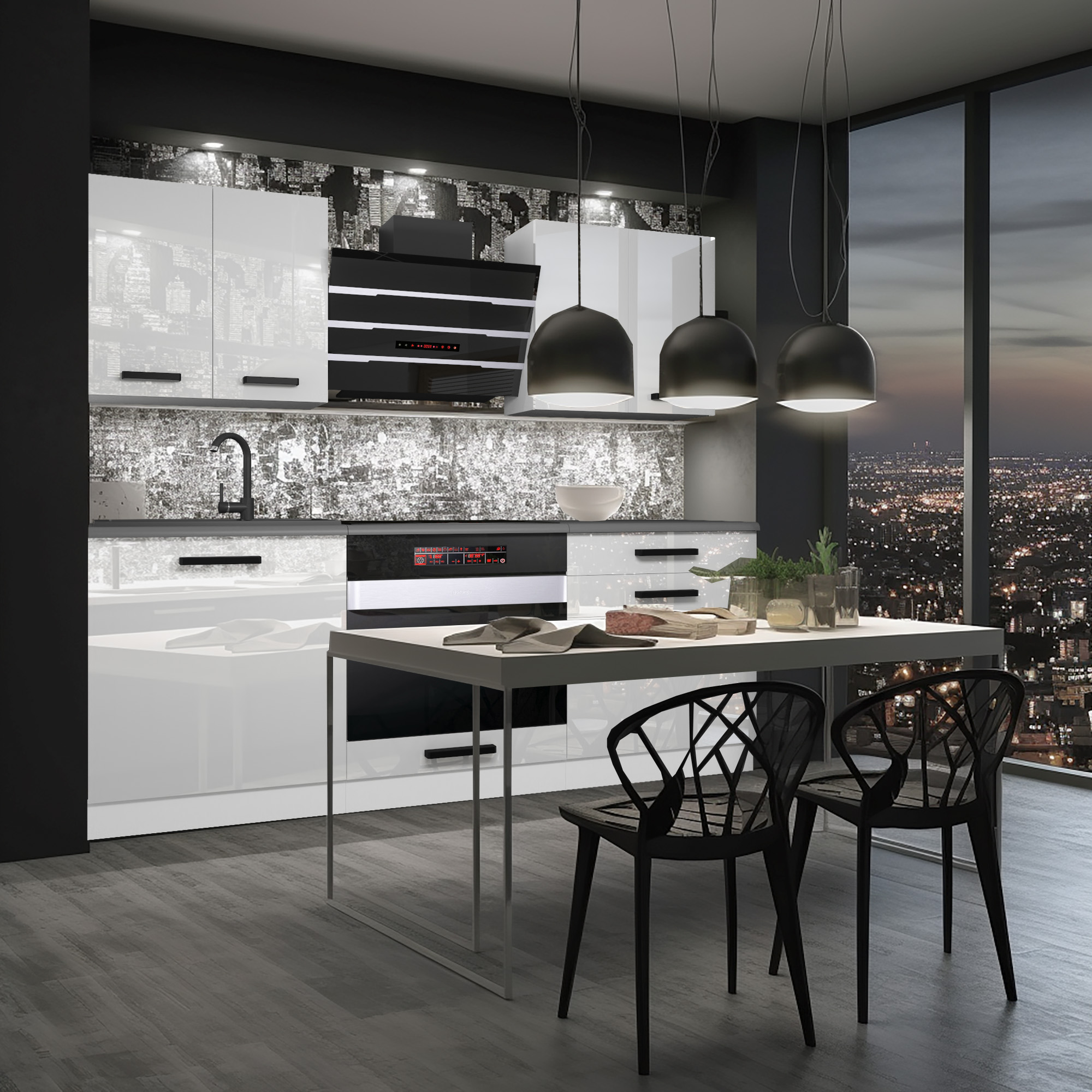 Cucina moderna con tavolo sospeso e vista panoramica