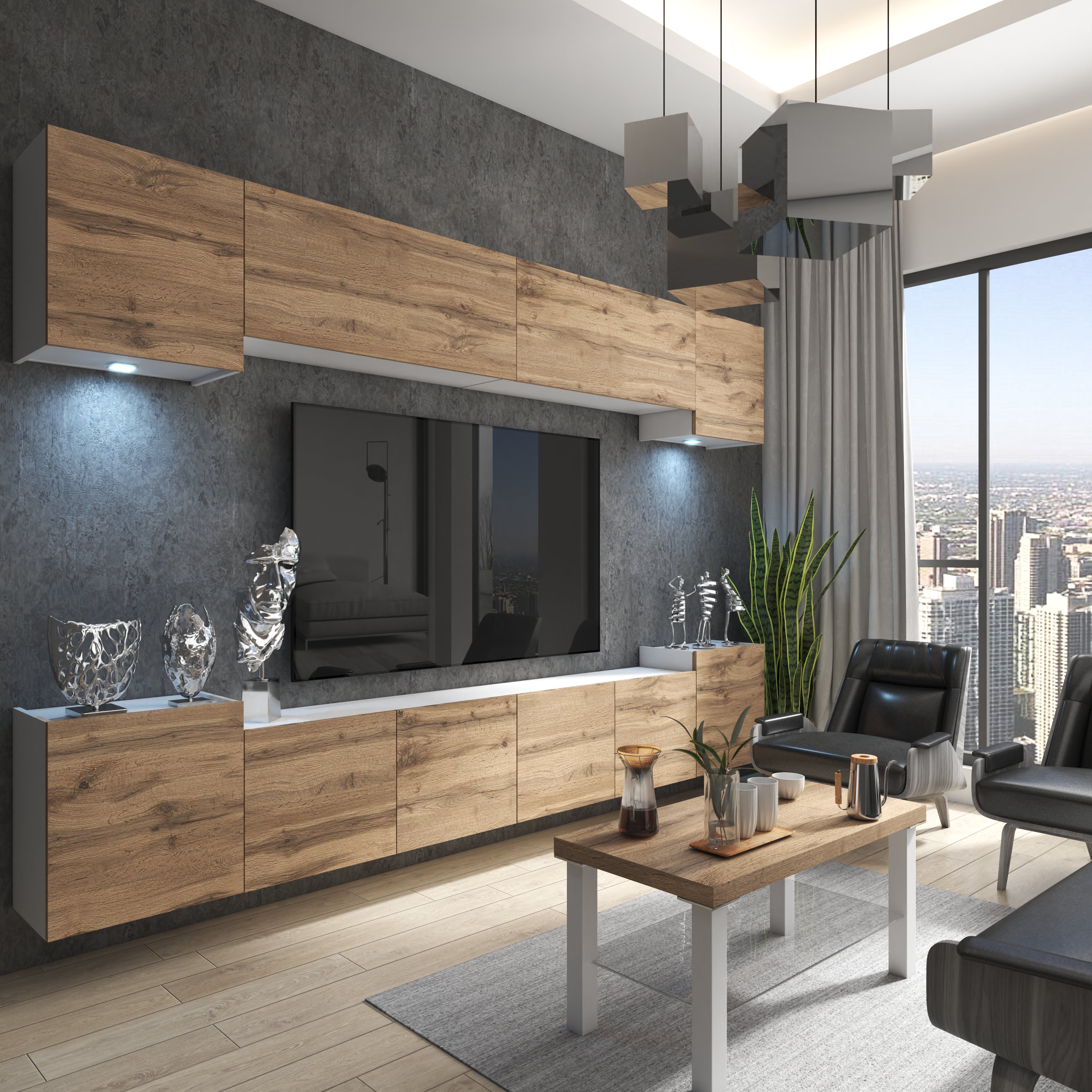 Salotto elegante con mobili in legno e vista sulla città