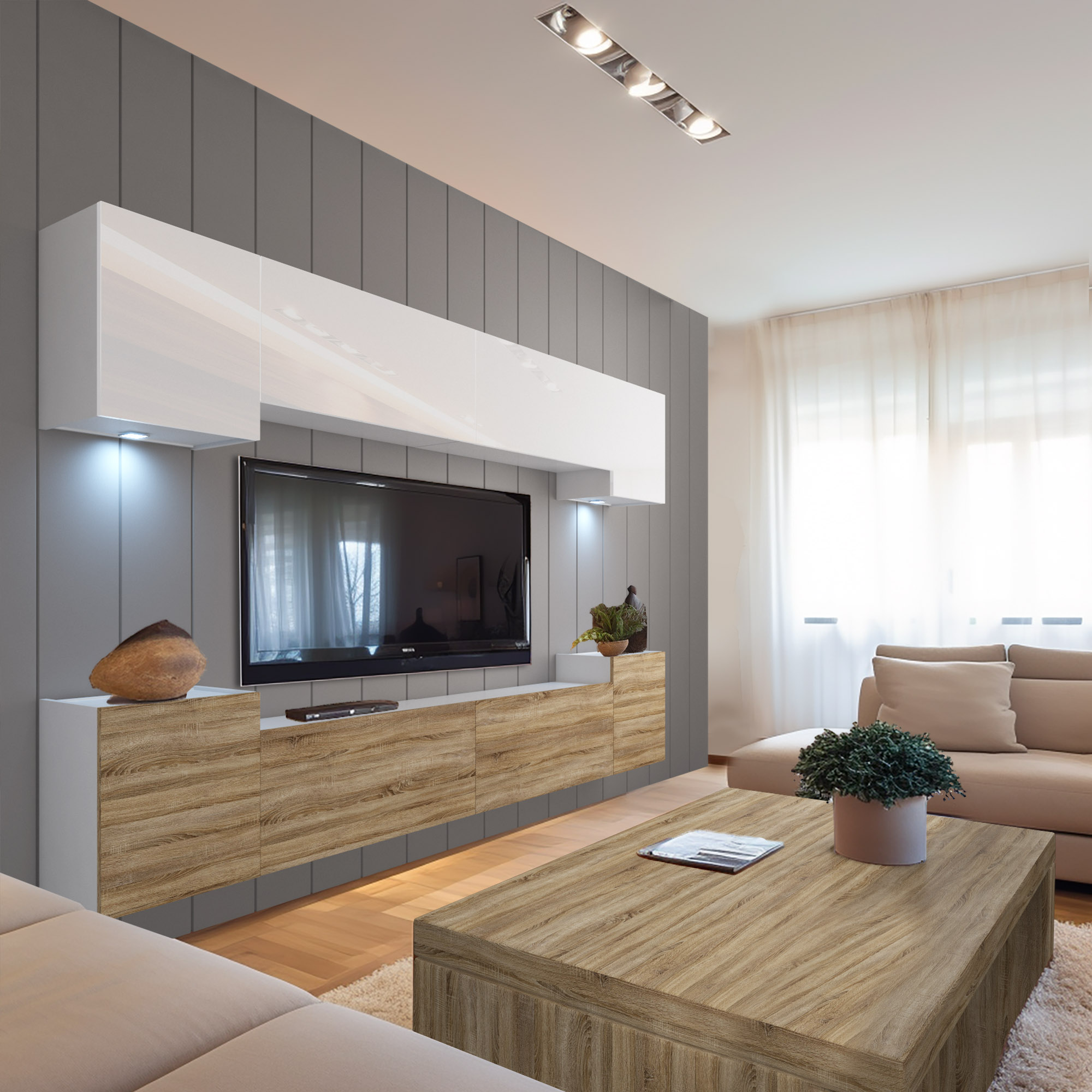 Salotto accogliente con mobili in legno e luce naturale