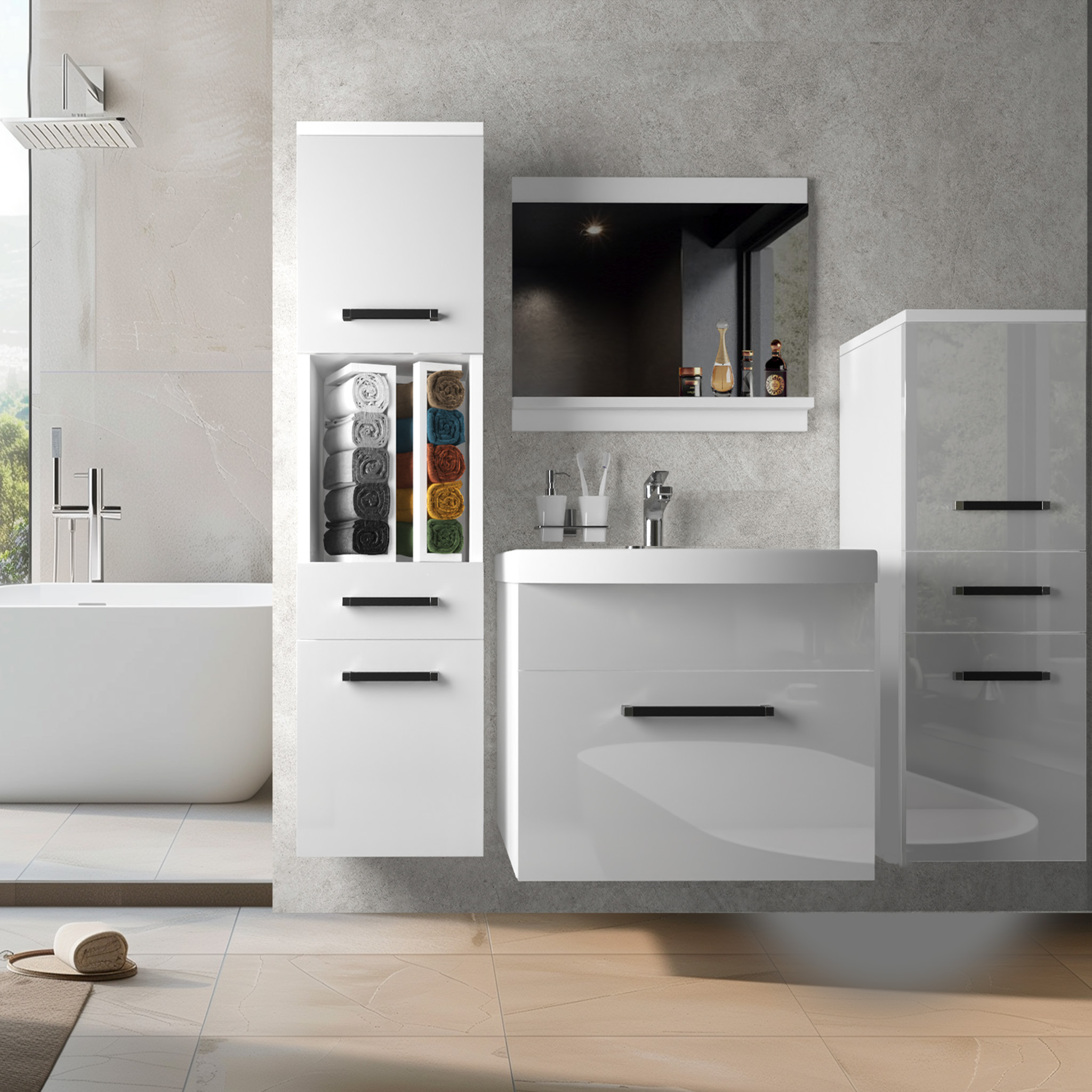 Bagno elegante con arredi bianchi e dettagli moderni