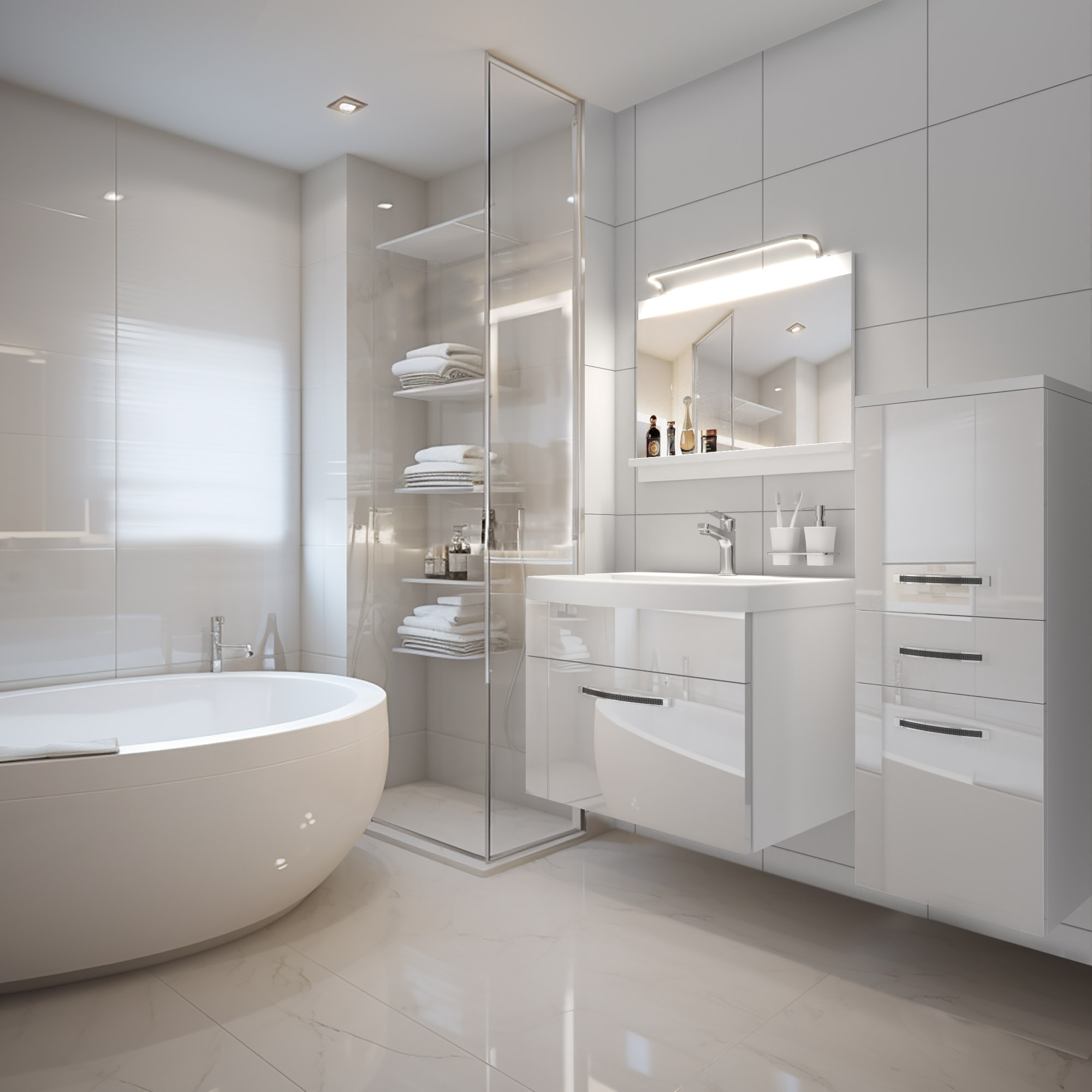 Arredamento bagno luminoso e funzionale %