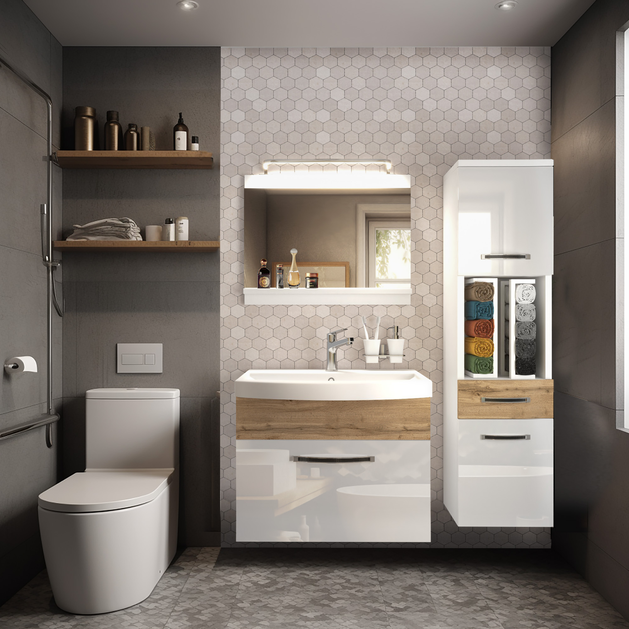Bagno con mobili bianchi e dettagli in legno.