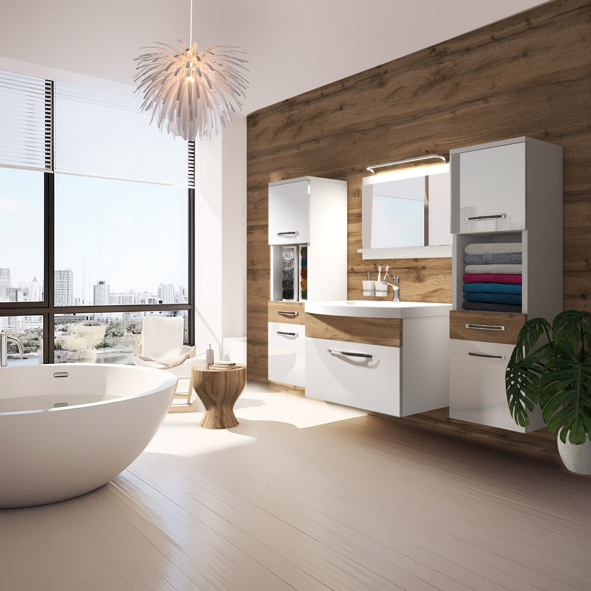 Bagno con parete in legno e vasca freestanding