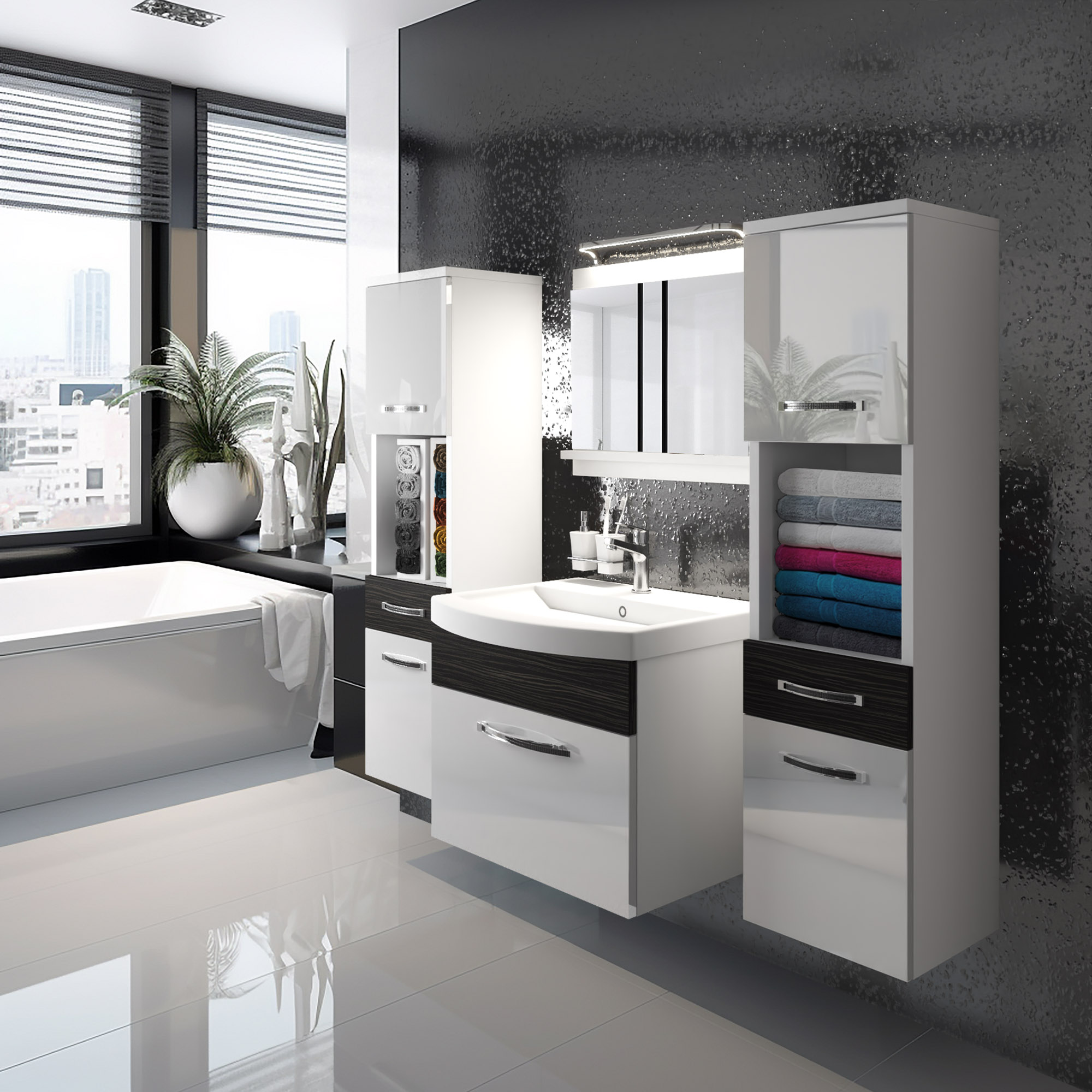 Bagno moderno con vasca angolare e mobili sospesi