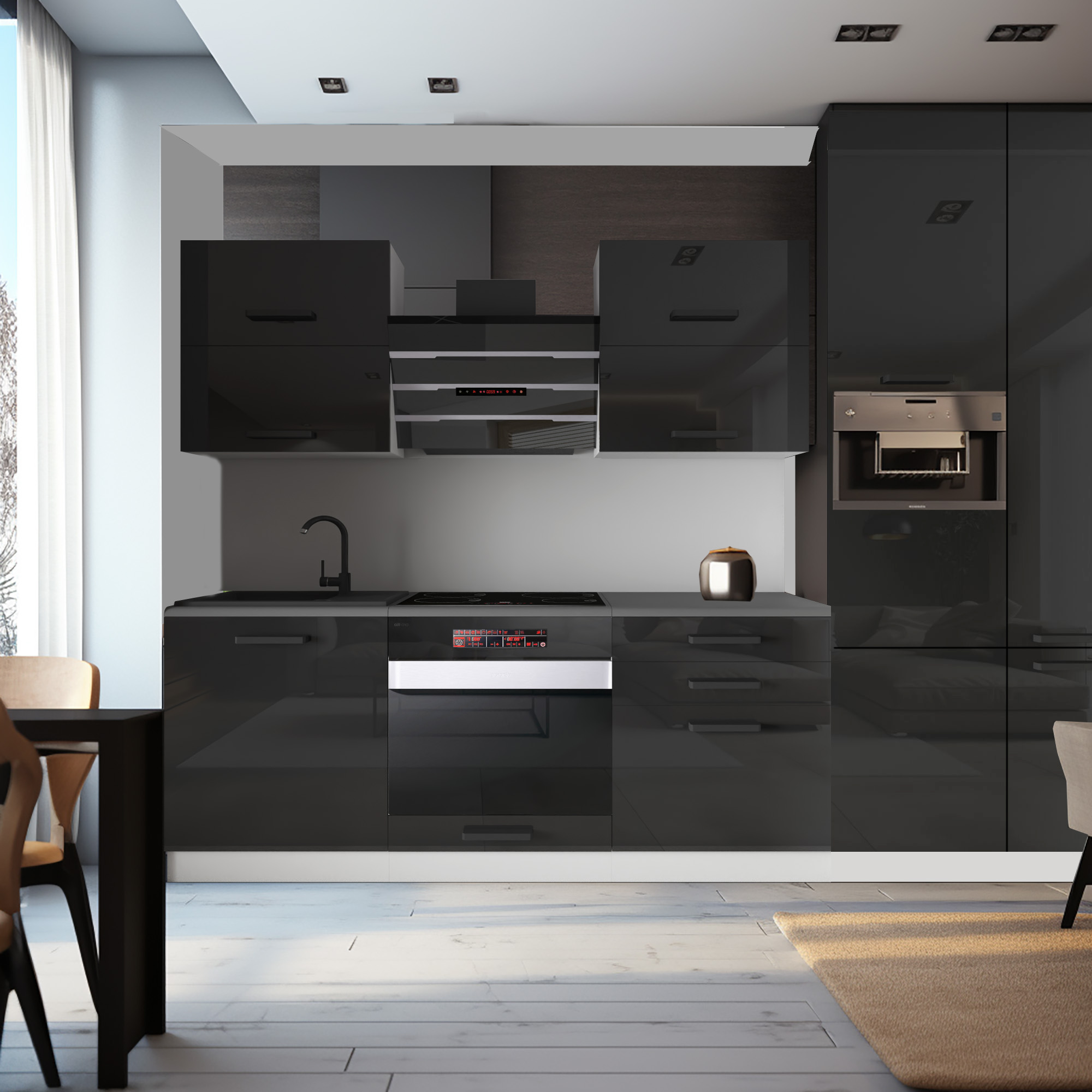 Cucina con mobili scuri e apparecchi integrati