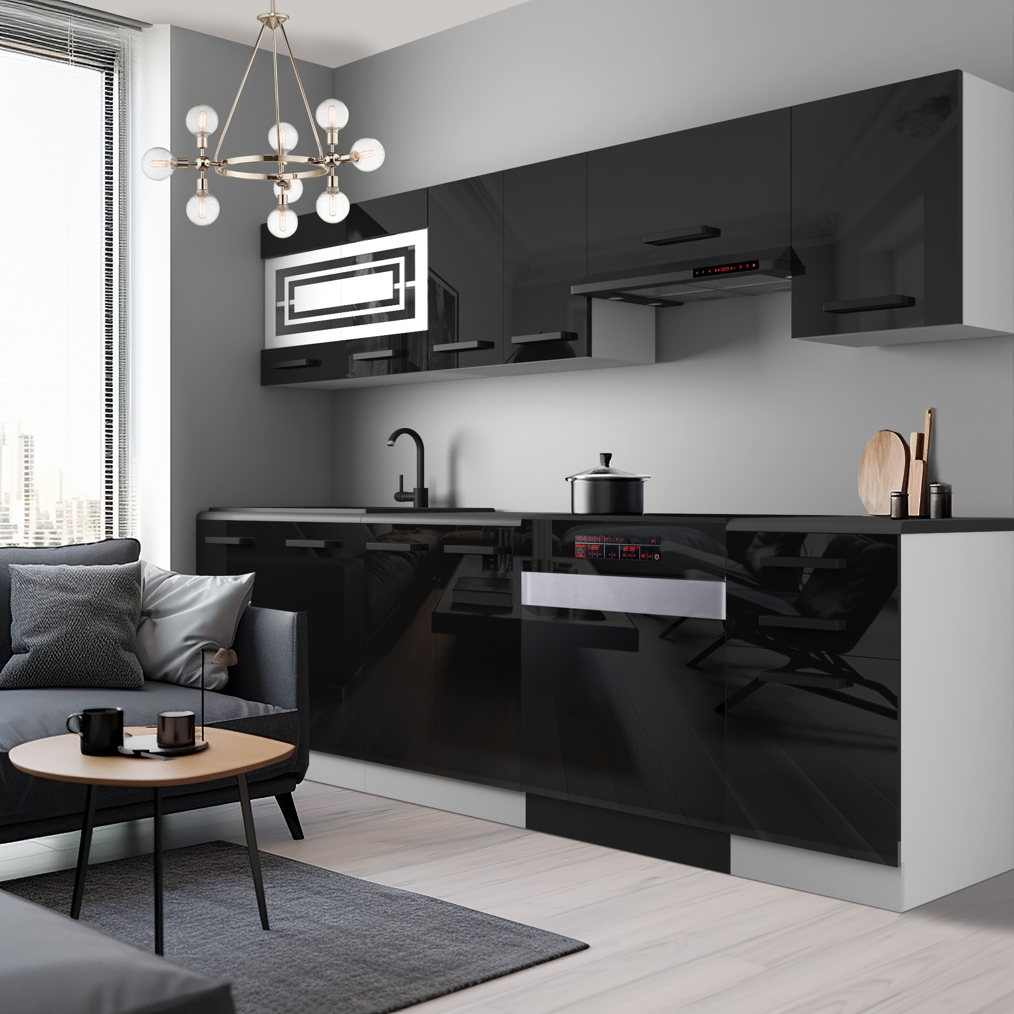 Cucina con superfici nere lucide e dettagli metallici