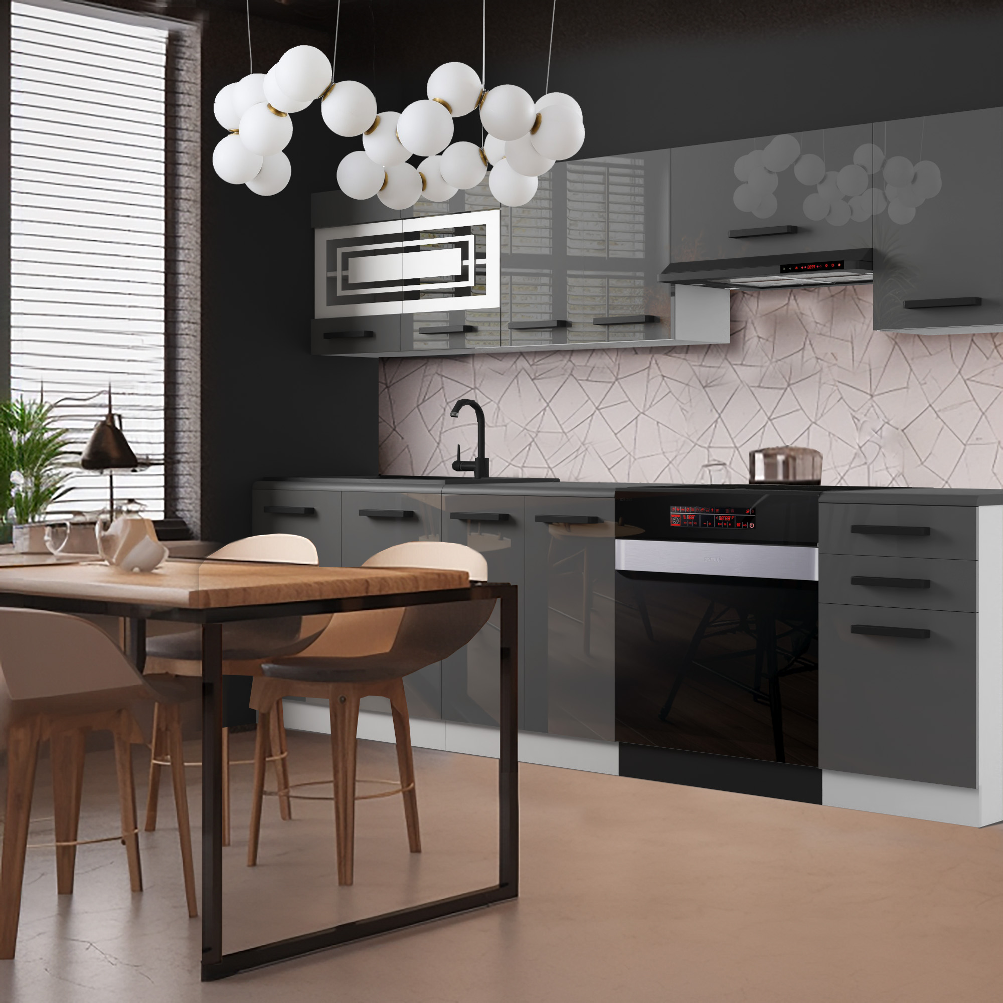 Cucina con mobili grigi lucidi e tavolo in legno moderno
