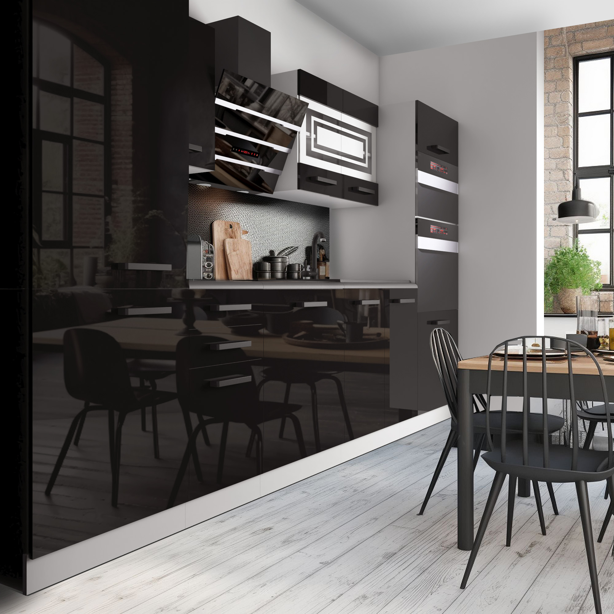 Cucina moderna con mobili lucidi e tavolo in legno
