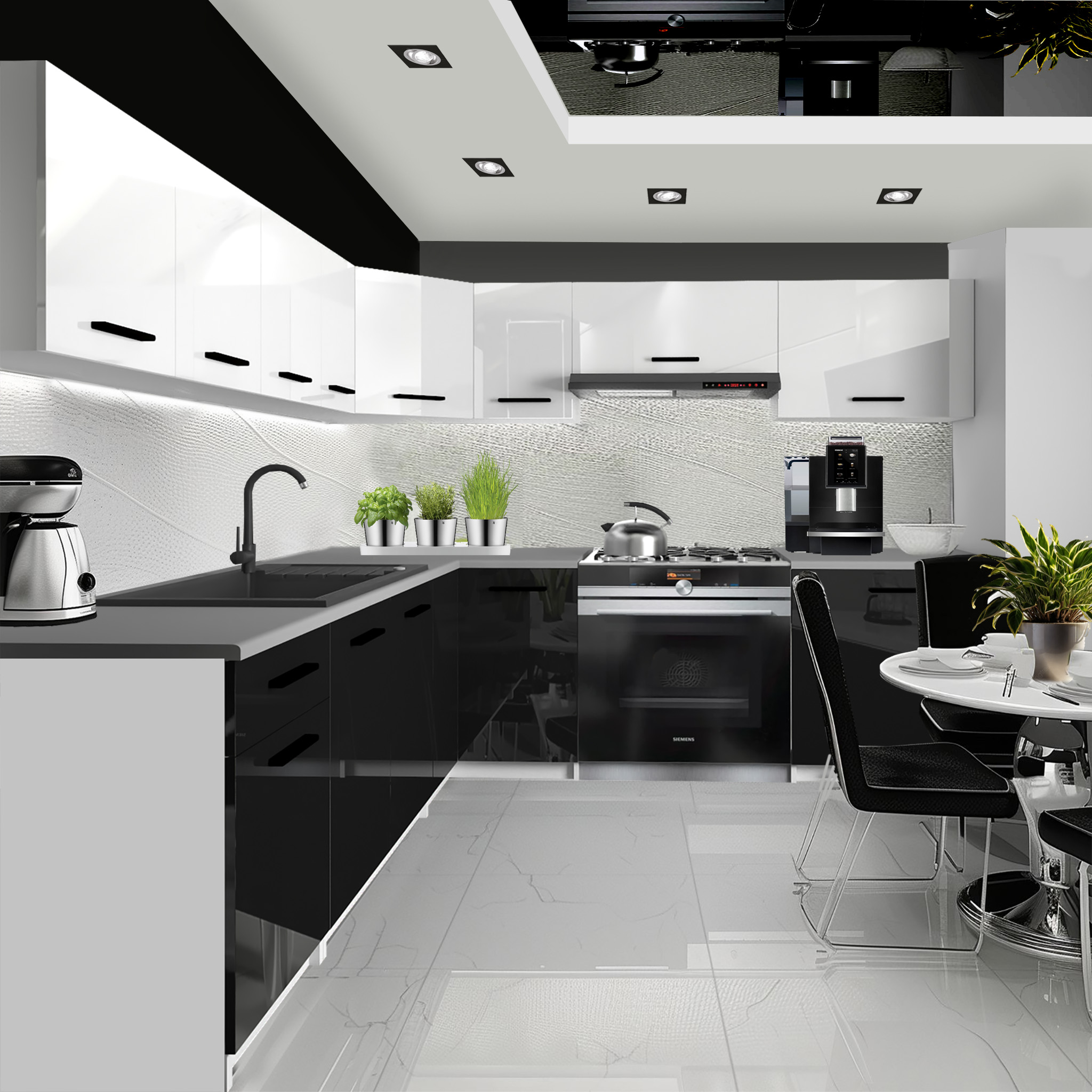 Cucina moderna bianca e nera con dettagli metallici