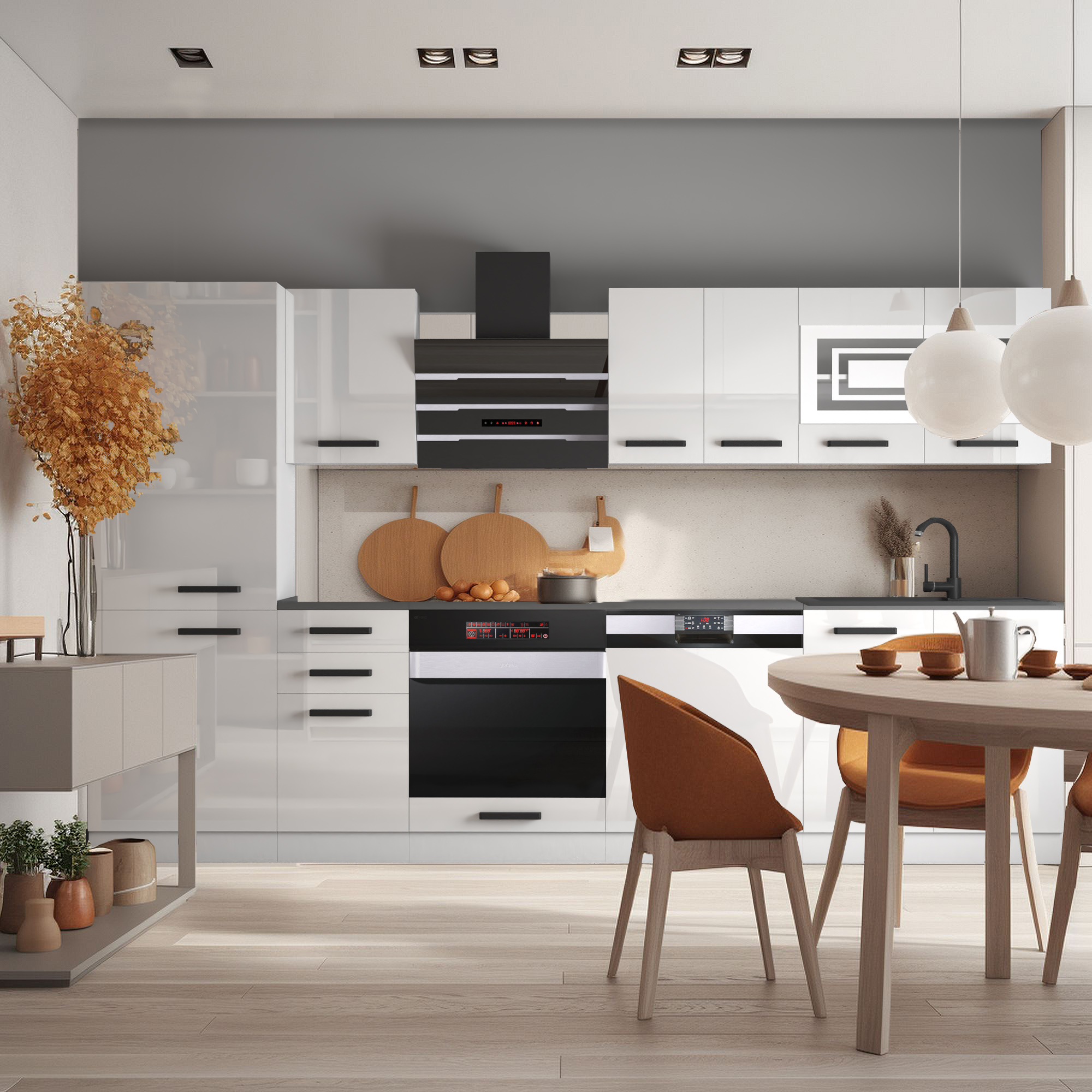 Cucina moderna con dettagli in legno e colori neutri
