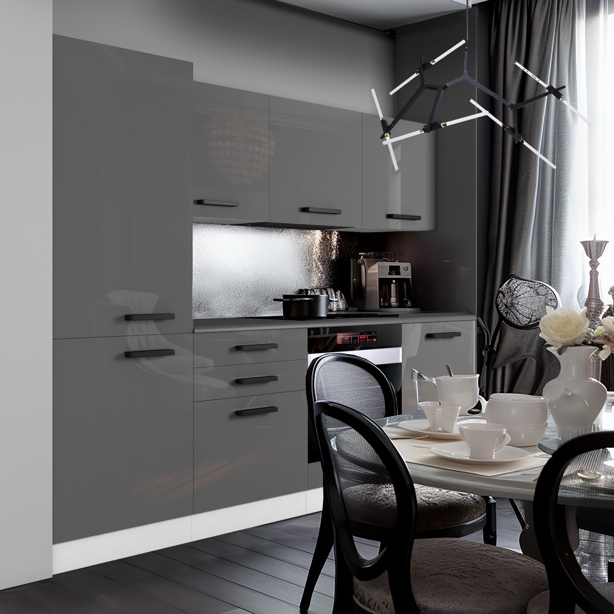 Cucina moderna e sofisticata con mobili grigi e tavolo bianco