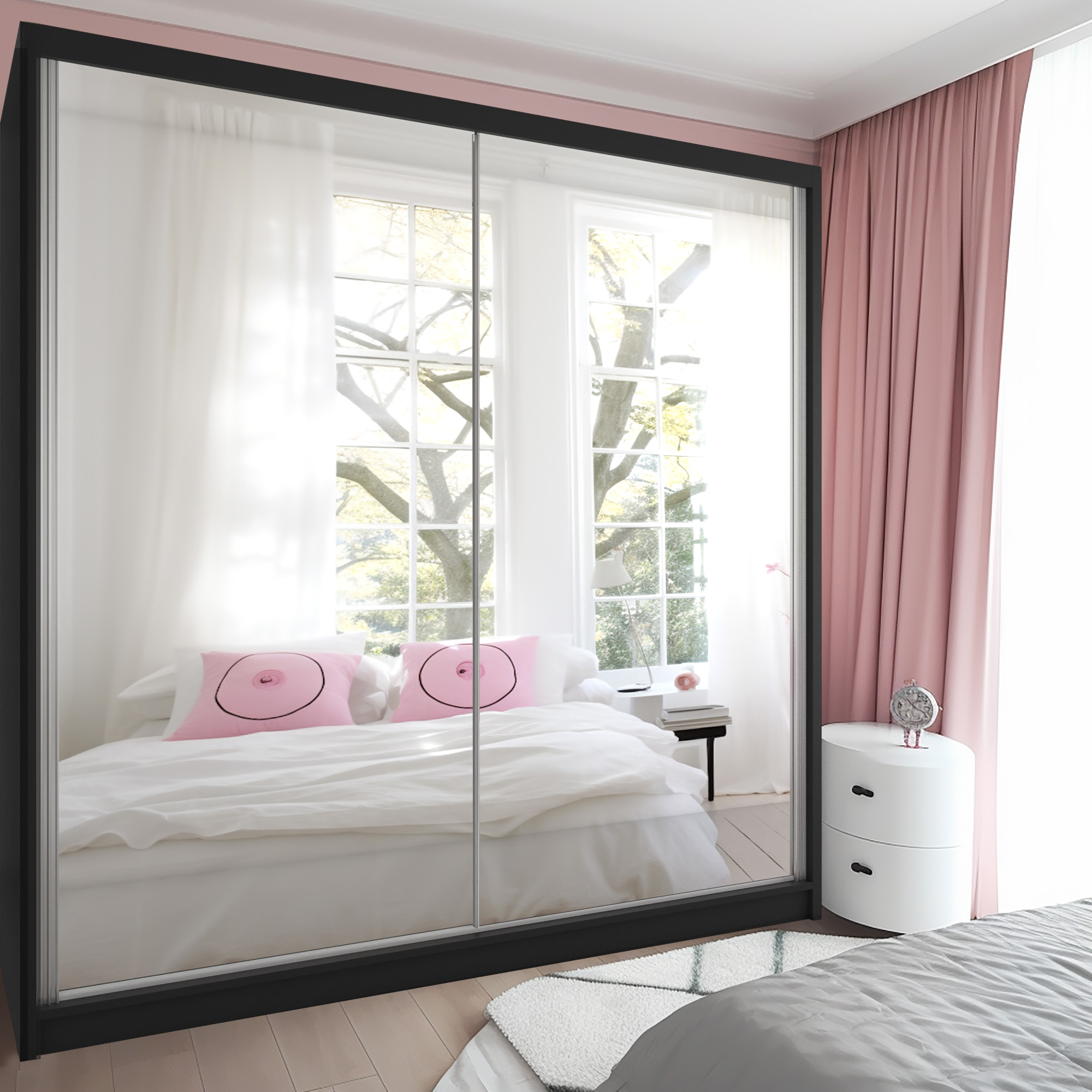 Camera da letto con letto, armadio e tende rosa