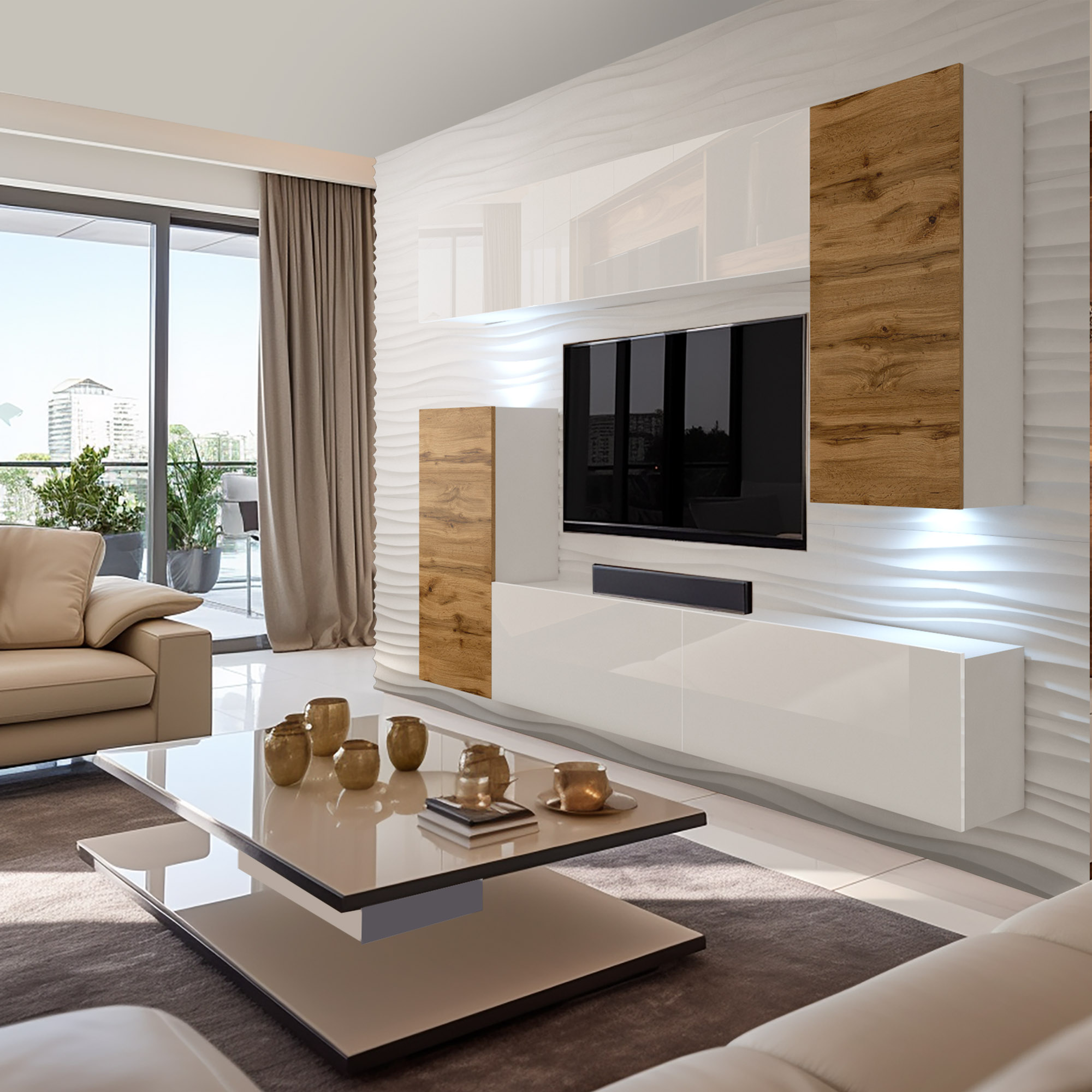 Soggiorno elegante con arredi in legno e bianco