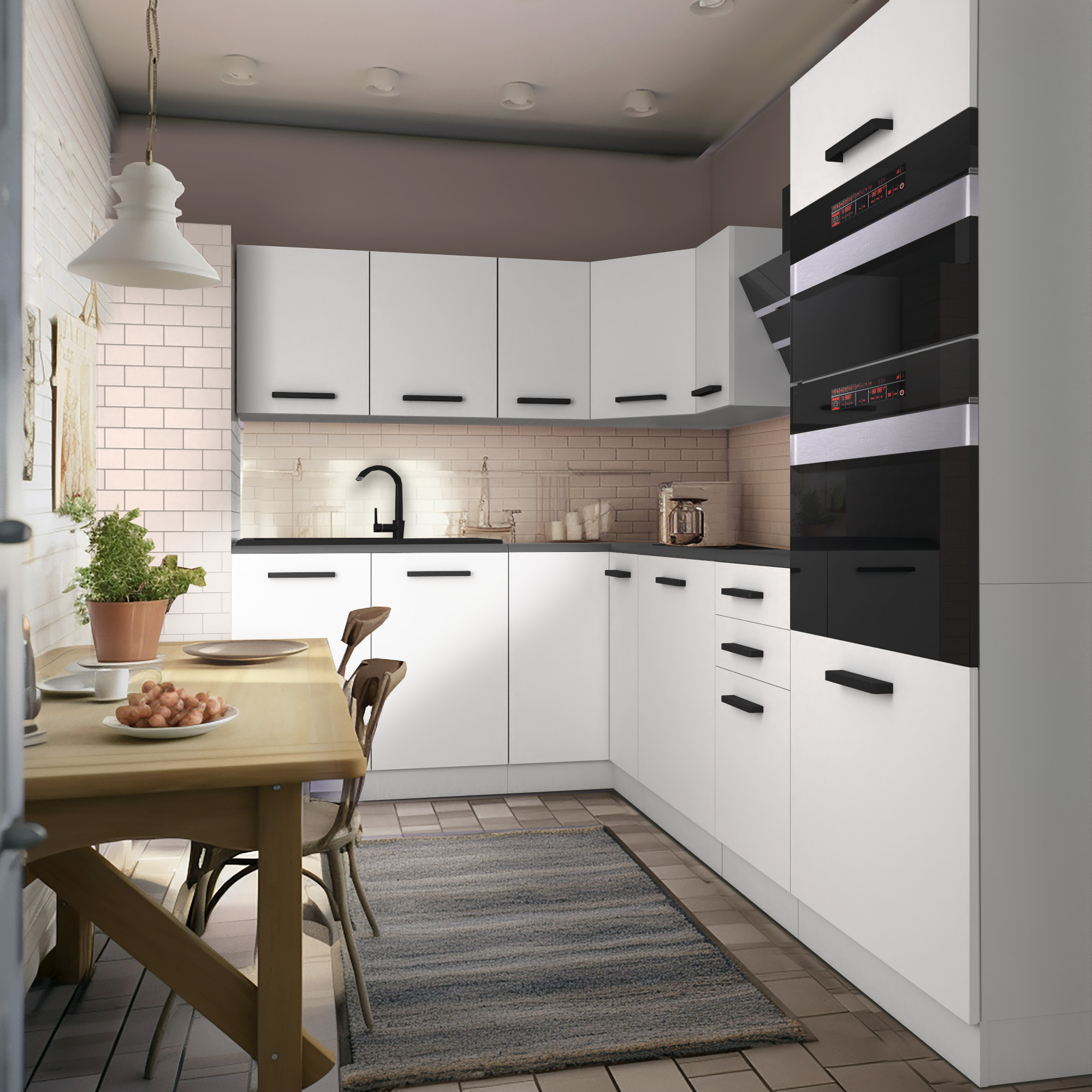 Cucina con armadi bianchi e dettagli neri