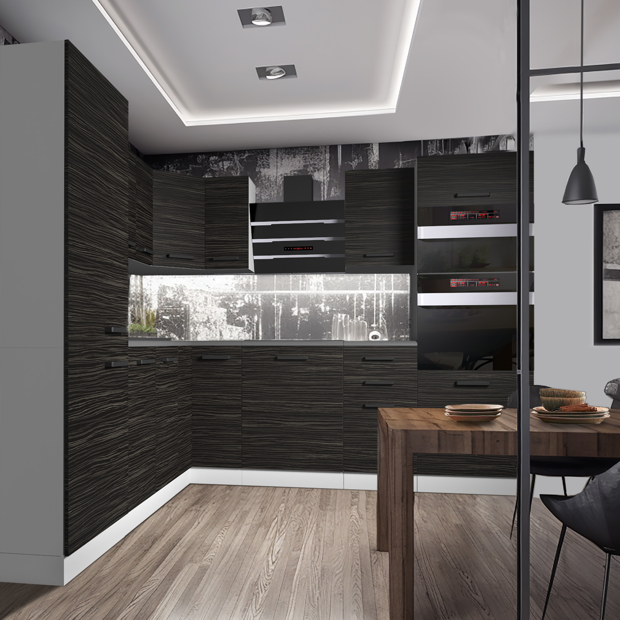 Cucina moderna con mobili scuri e tavolo in legno