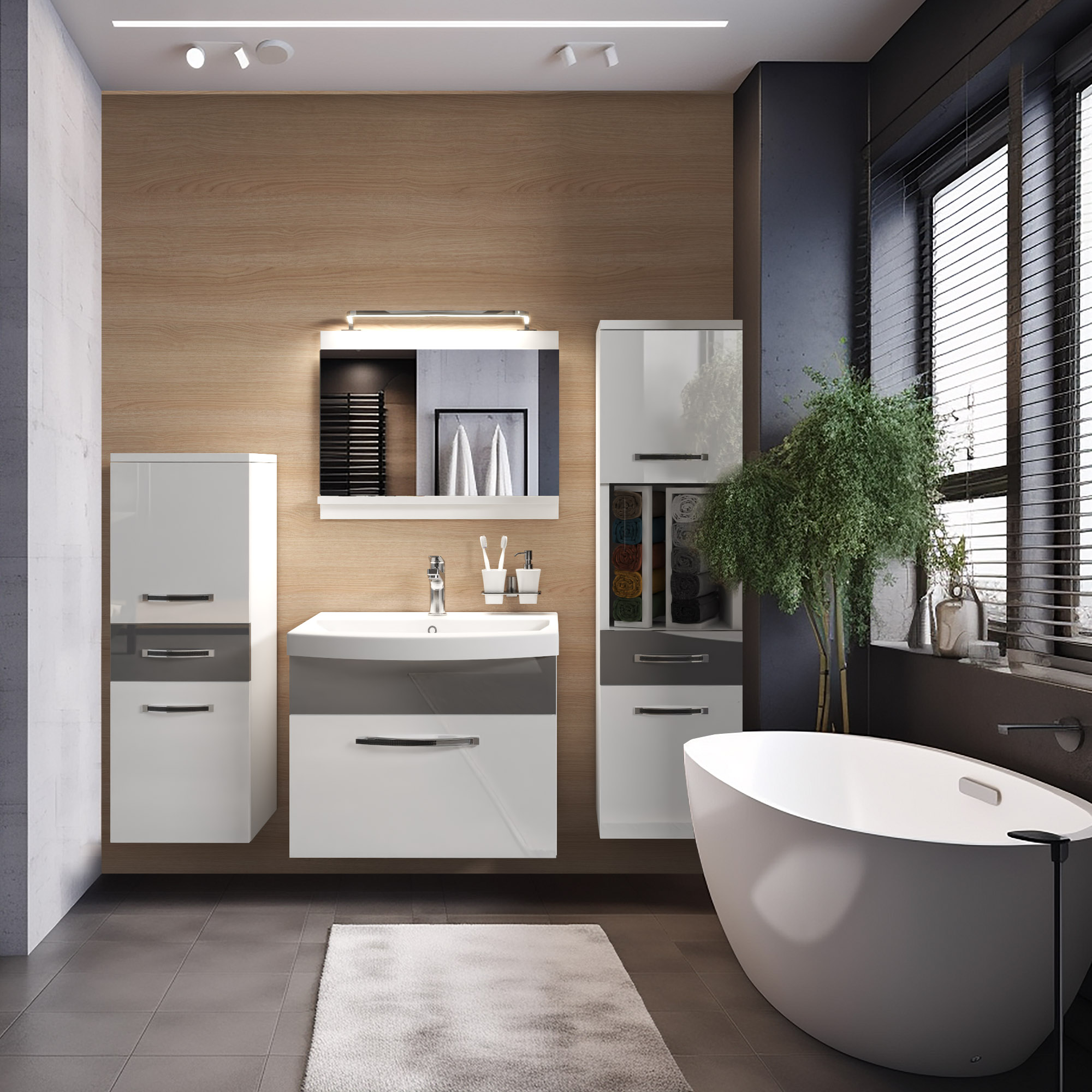 Bagno elegante e rilassante con vasca e mobili sospesi