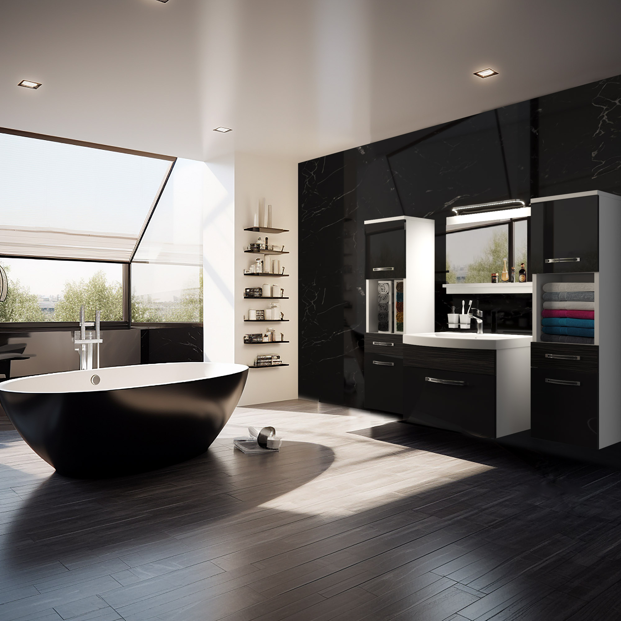 Bagno moderno con vasca freestanding e design nero-bianco