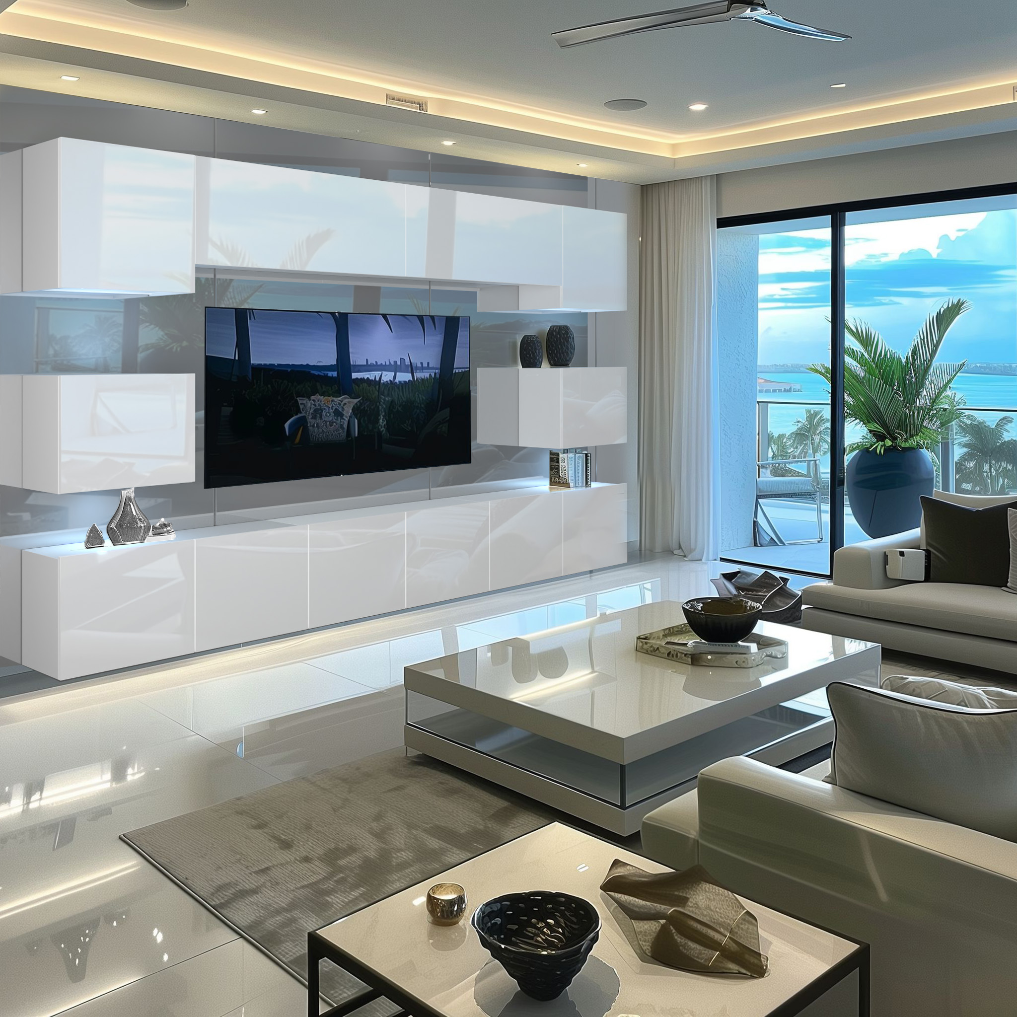 Soggiorno con arredamento bianco e vista panoramica