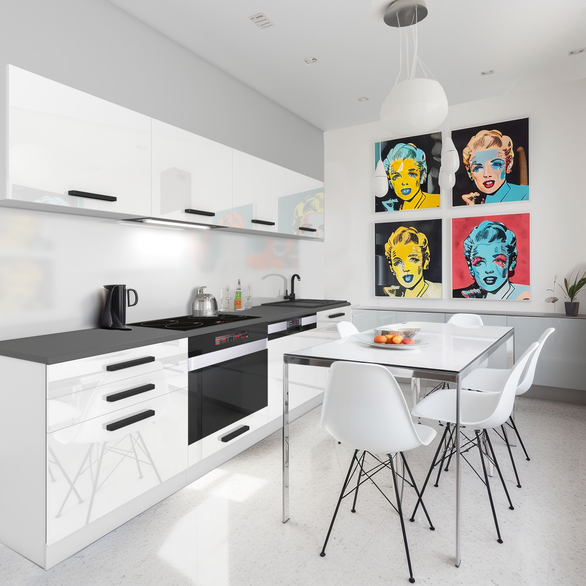 Cucina bianca con quadri colorati e tavolo moderno